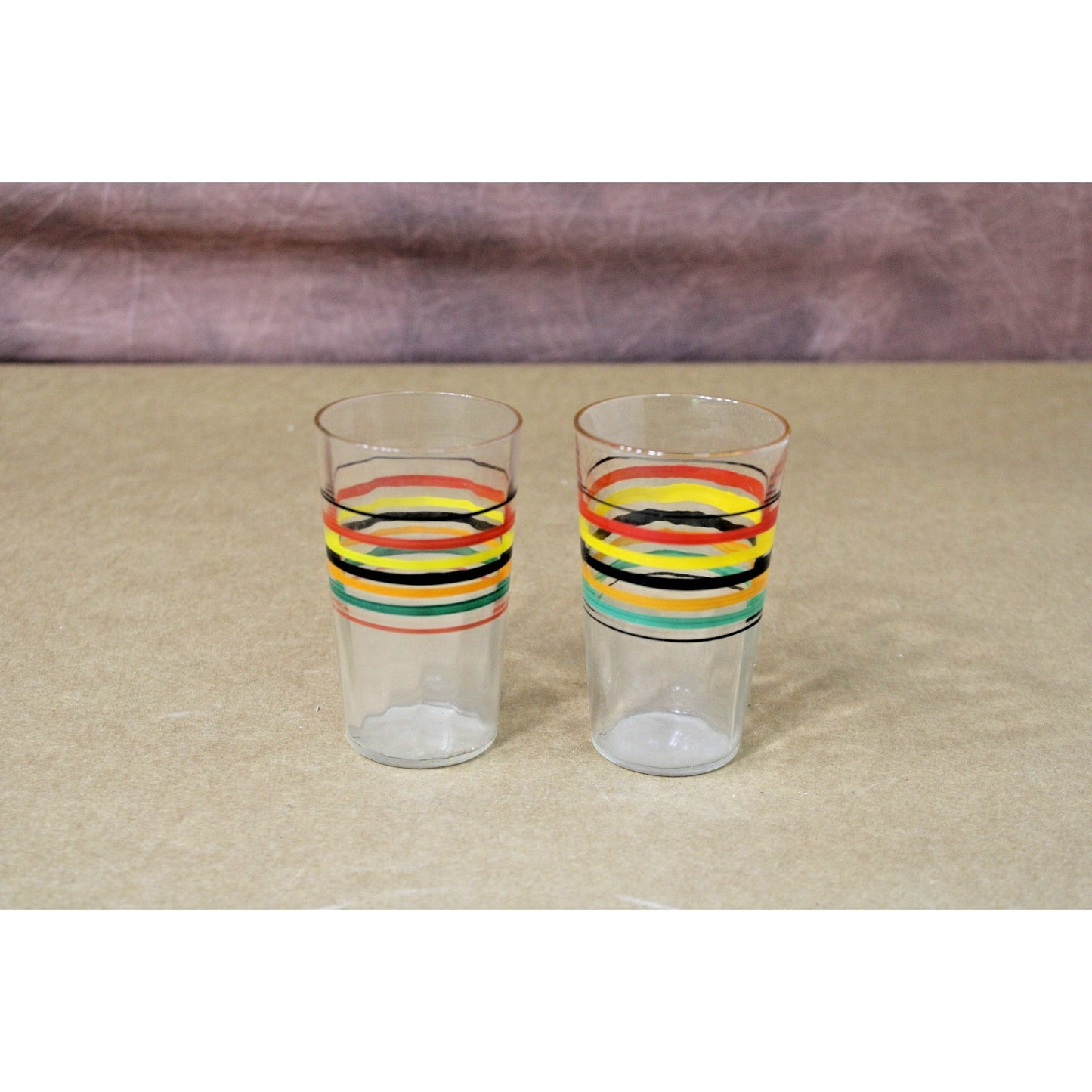 Vintage Rainbow Stripe Glasses, Set of 2, MCM Barware 1950s-60s Retro, 3.75H"