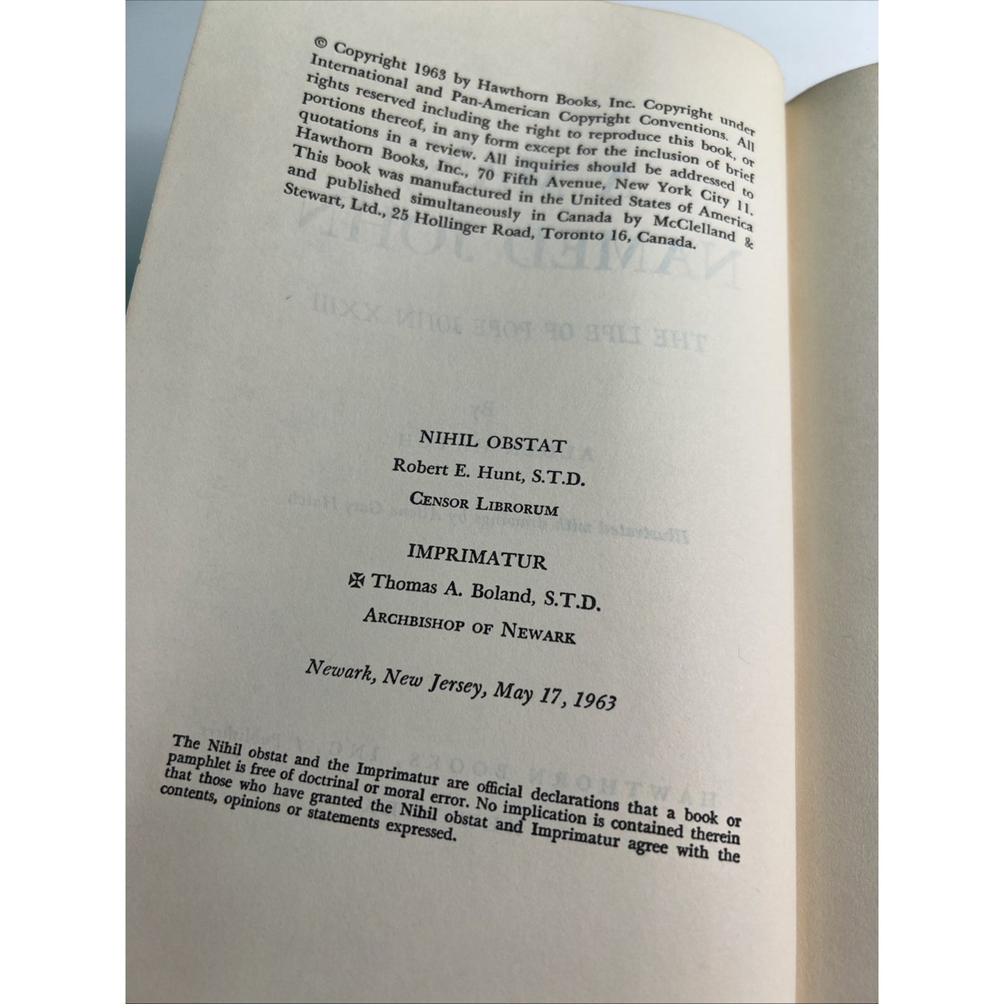 A Man Named John The Life of Pope John XXIII by Alden Hatch 1963 HC DJ 1st Ed