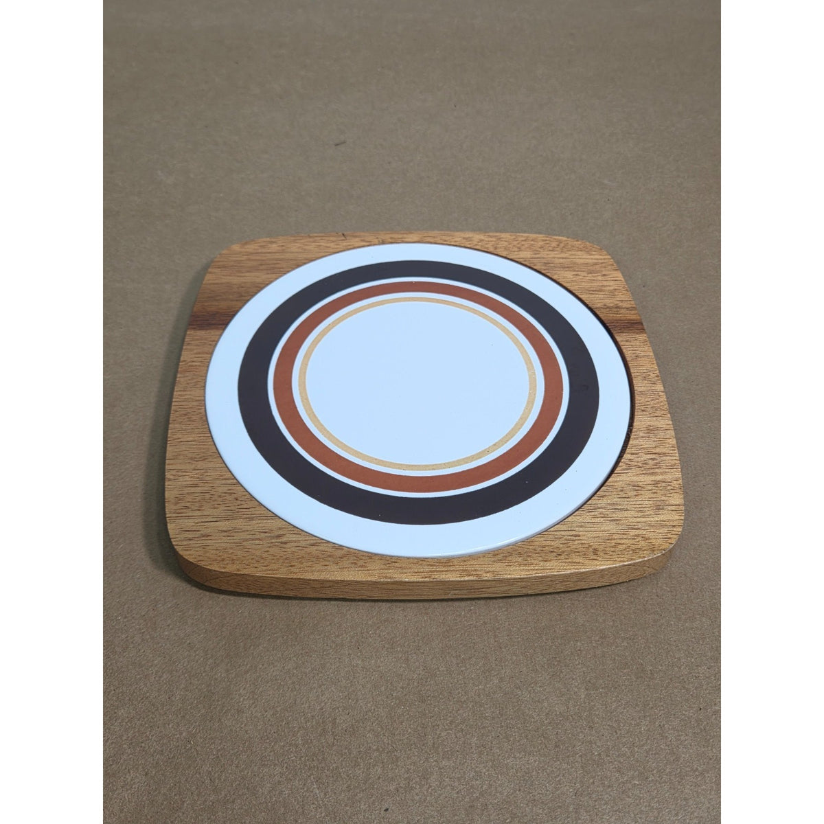 Vintage MCM Wood & Ceramic Tile Trivet - Retro 70s Concentric Circles