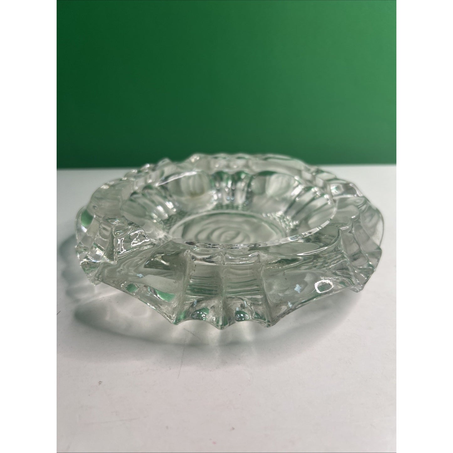 Vintage 1950s 8" Clear Rose Flower Impression Ashtray Pressed Heavy Glass Edges