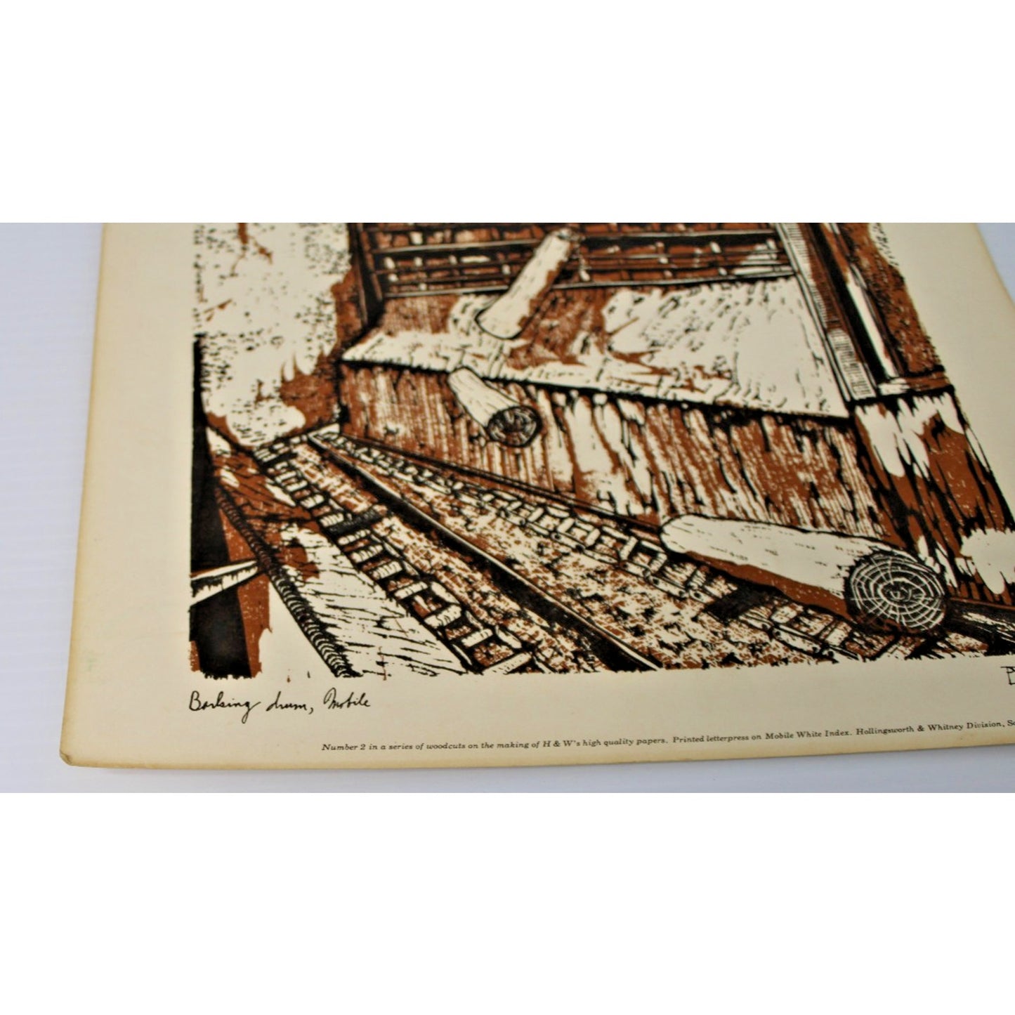 Vintage Woodcut by Ted Davies- Scott Paper Co Barking Drum, Mobile, AL 14" x 11"