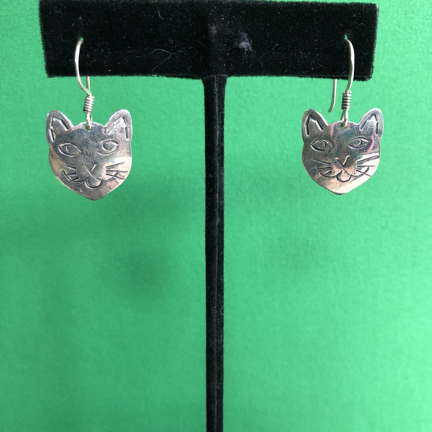Vtg Mexican .925 Silver CAT Kitty Kitten Face Earrings Stamped Pierced Hook Wire