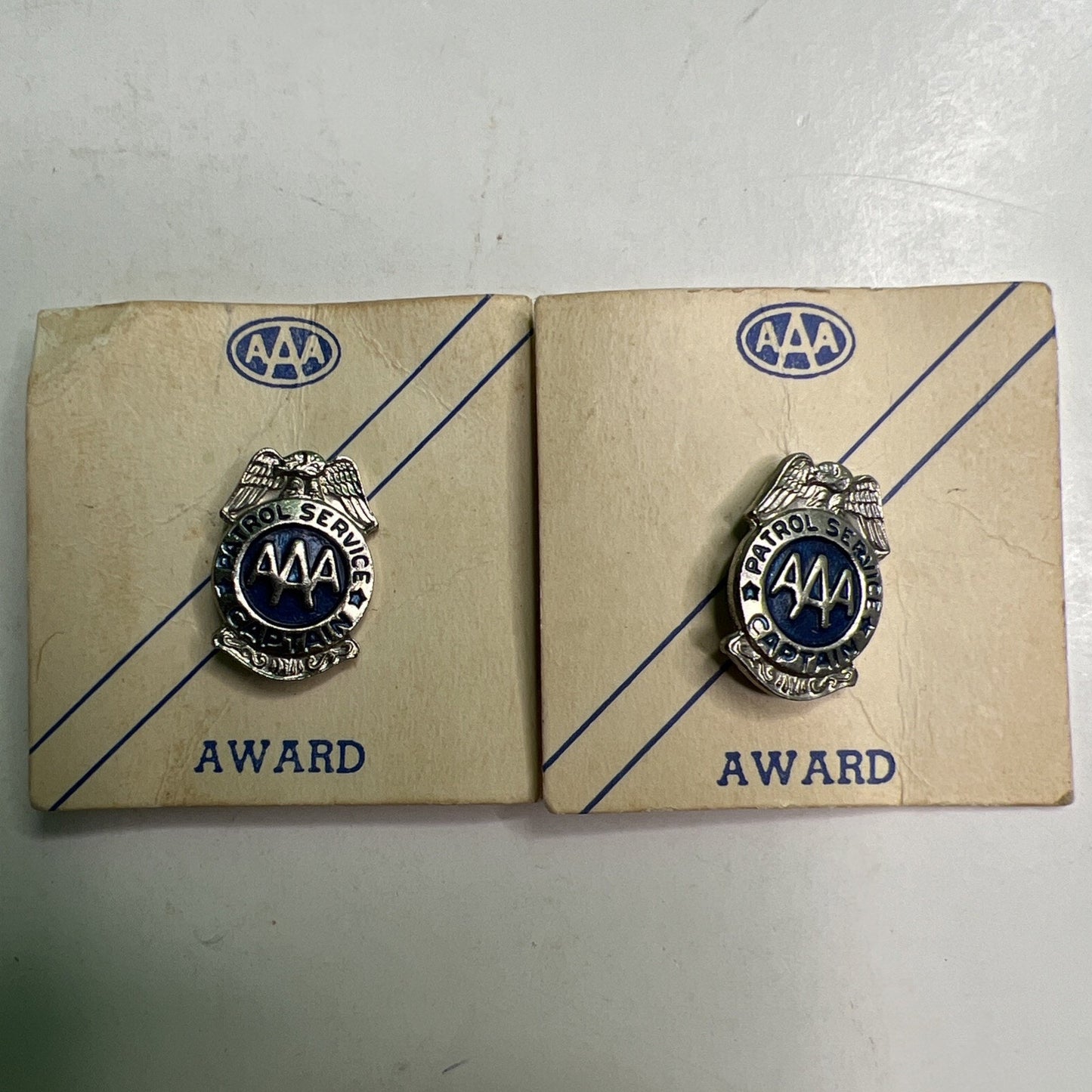 Lot 2 AAA Patrol Service Captain Badge Award Lapel Scarf Hat Pin Silver Tone NOS