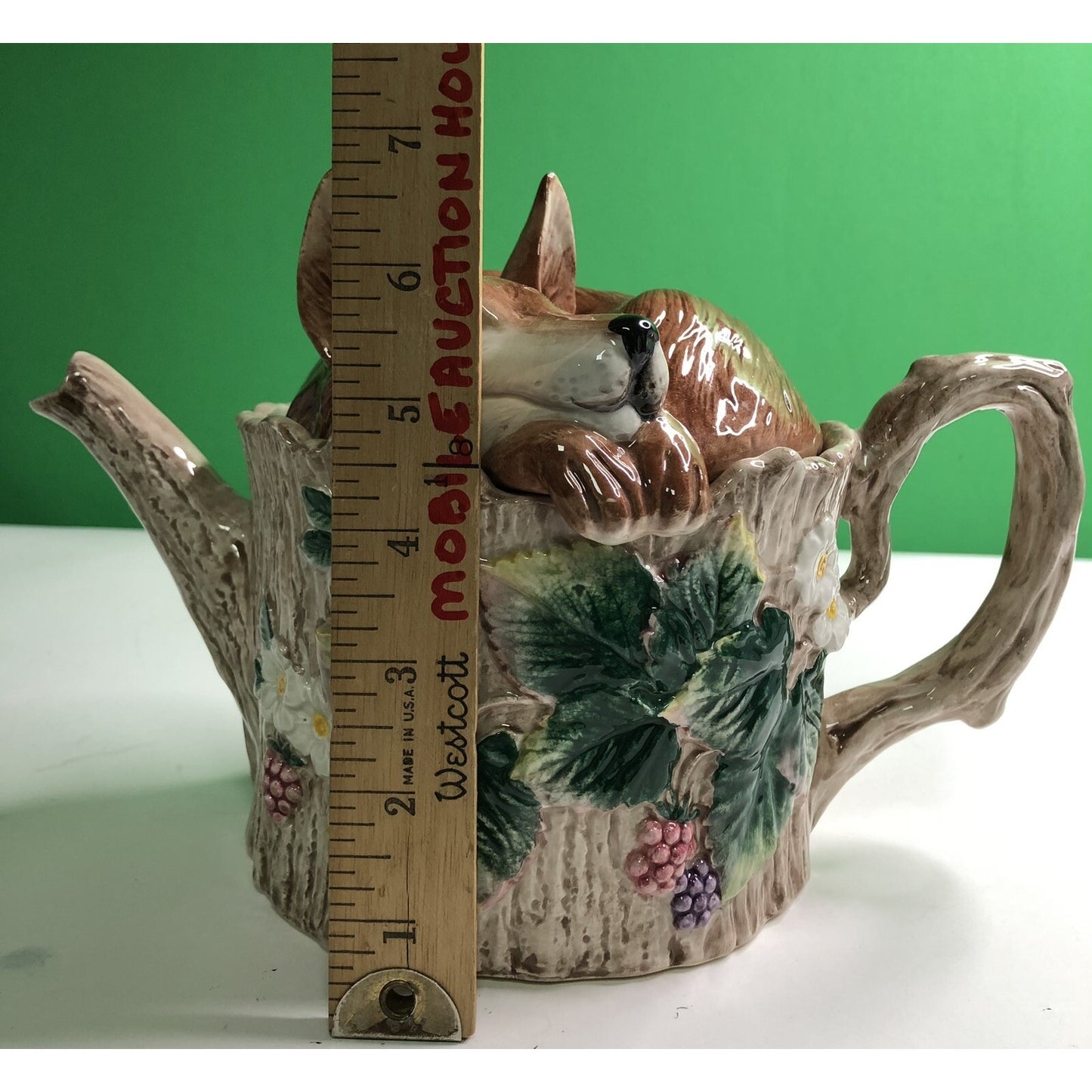 1990 Retired FITZ & FLOYD Sleeping Fox On Tree Stump With Berry Vine TEAPOT 32oz