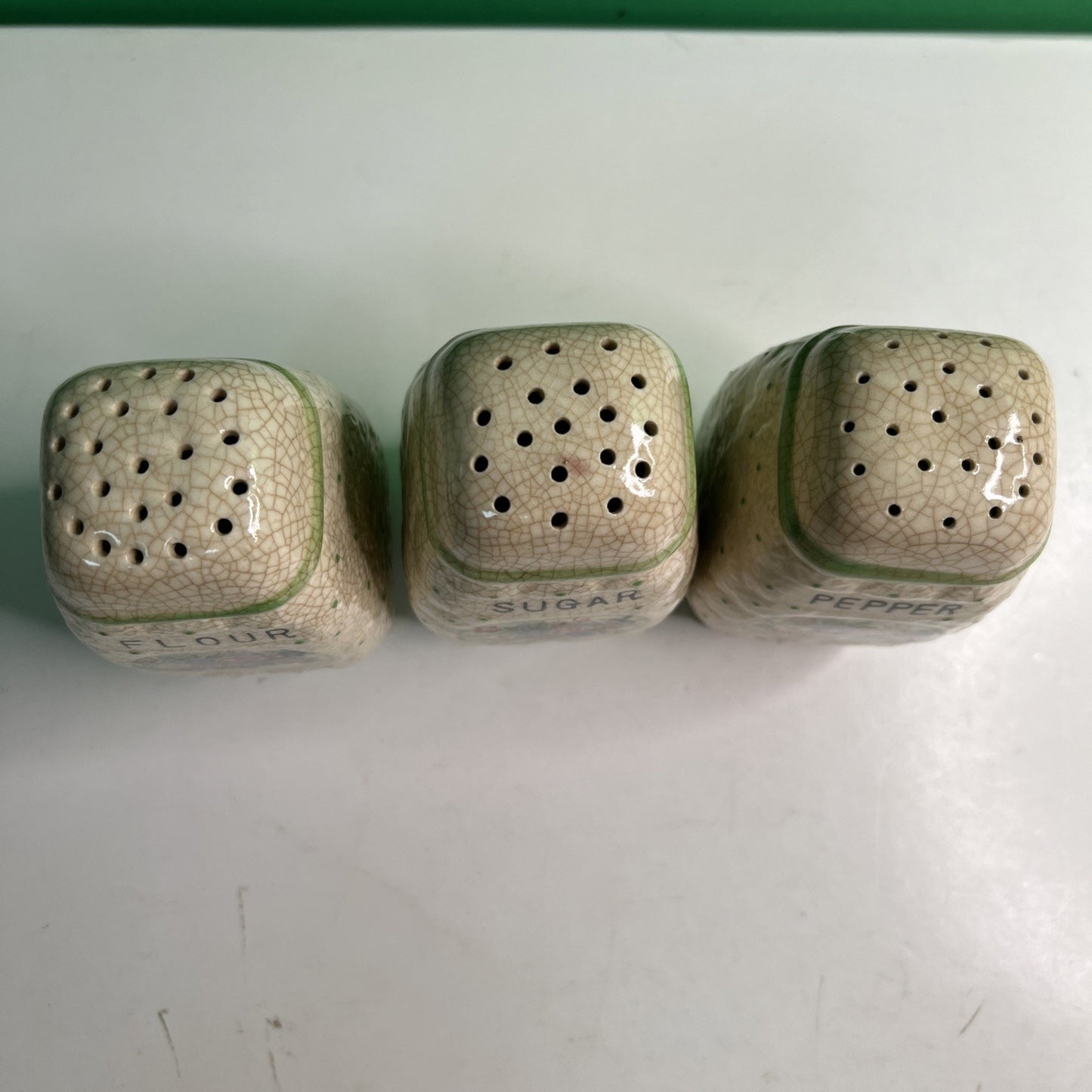 Vintage Japan Majolica Pepper Sugar Flour Shakers RARE