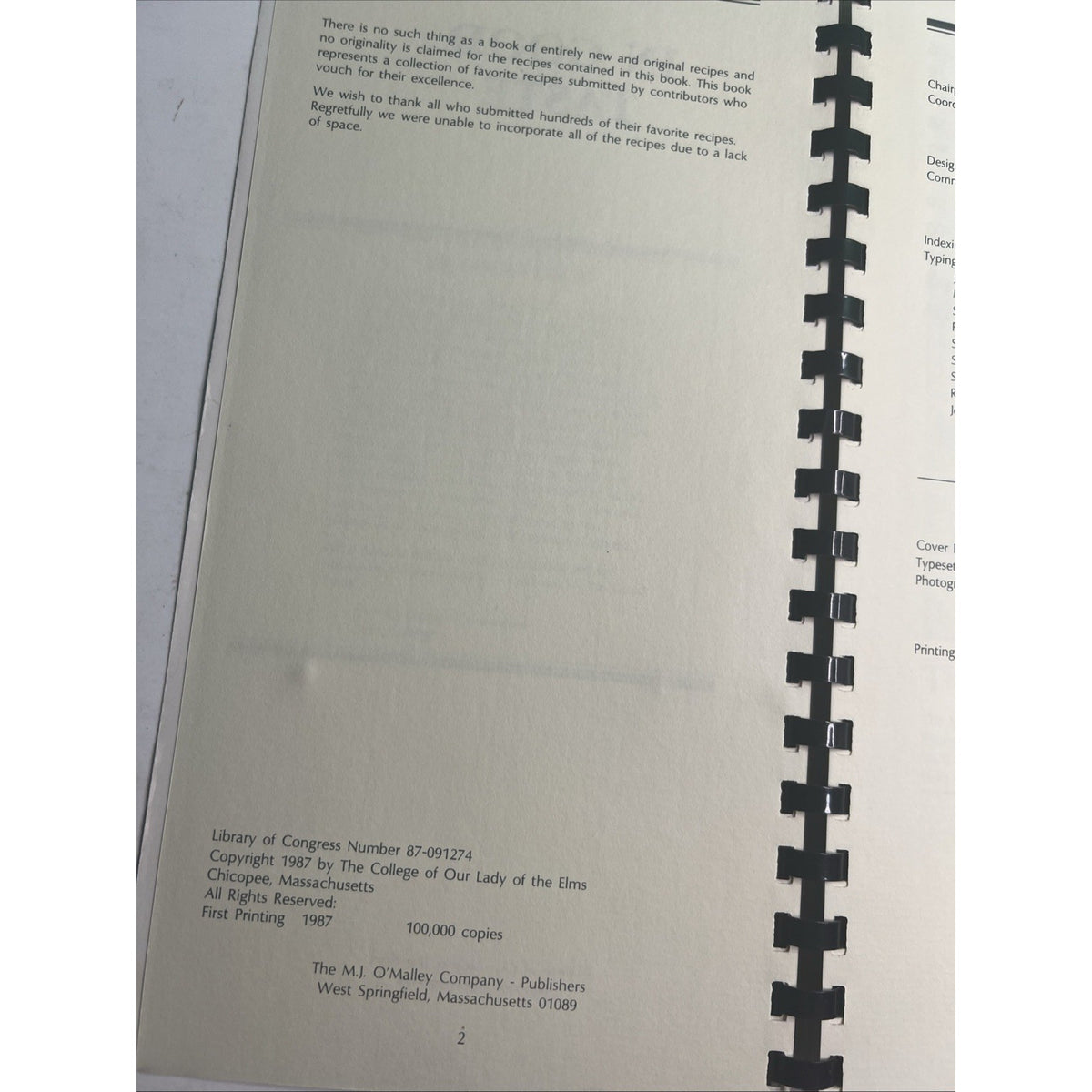 1987 In Good Taste College Of Our Lady Of The Elms Cookbook Chicopee, MA