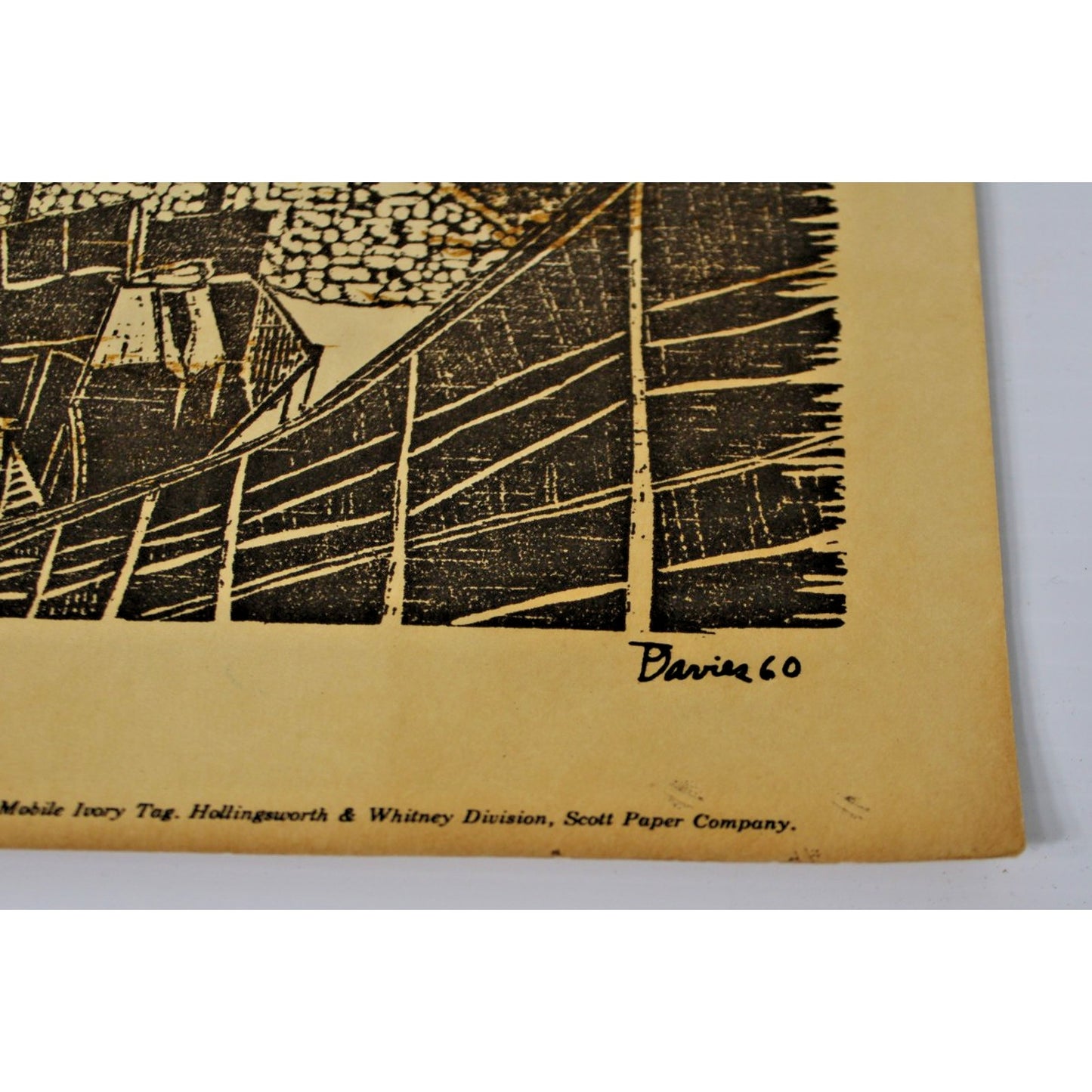 Vintage Woodcut by Ted Davies- Scott Paper Co. Woodyard- Mobile, AL 14" x 11.25"