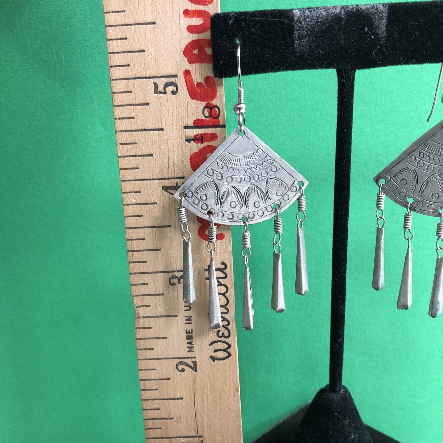 Vtg Mexican Silver Fan Dangles Drop Earrings Stamped Detail Pierced Hook Wire