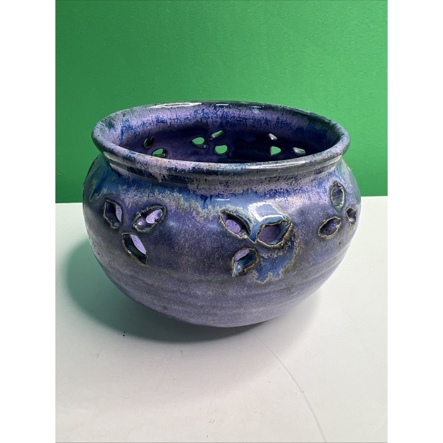 Studio Art Pottery Ceramic Blue And Purple Hues Drip Glazed Vintage Vase