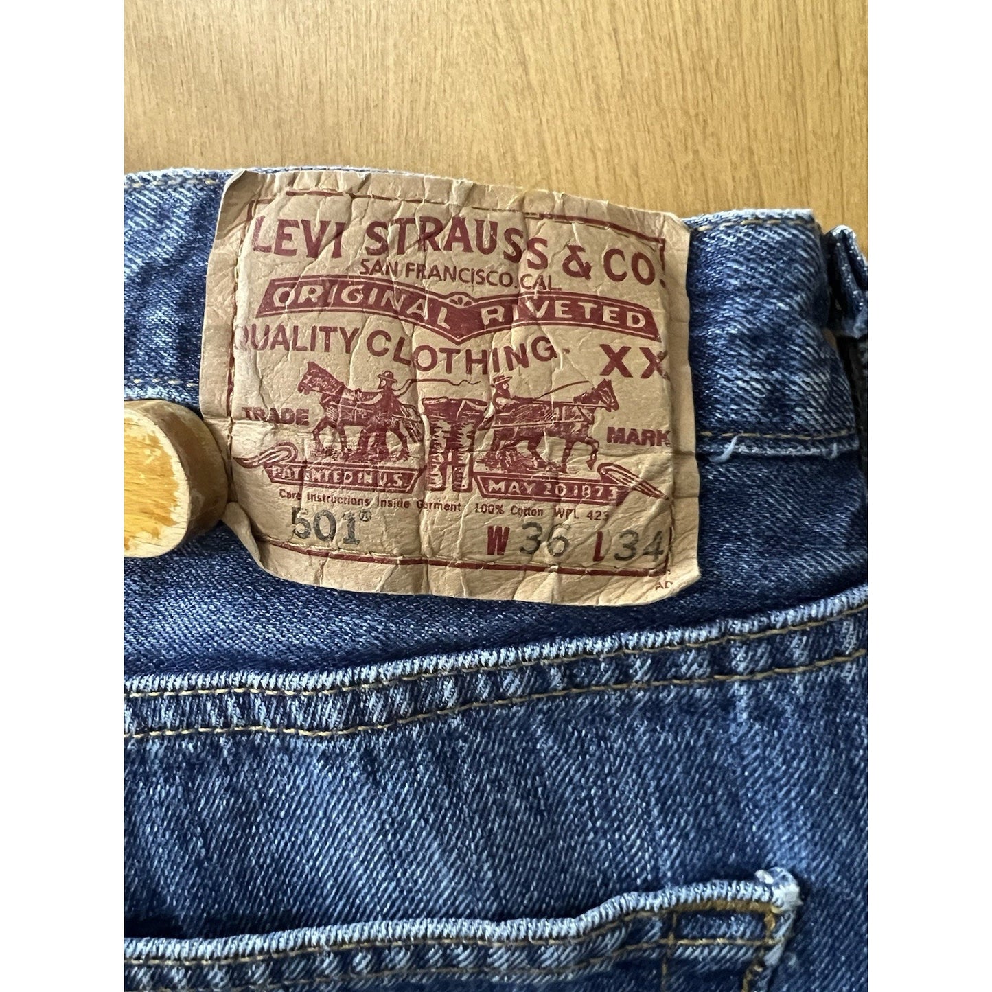 Levis Original 501 Button Fly Straight Leg Blue Denim Jeans Mens 36x34
