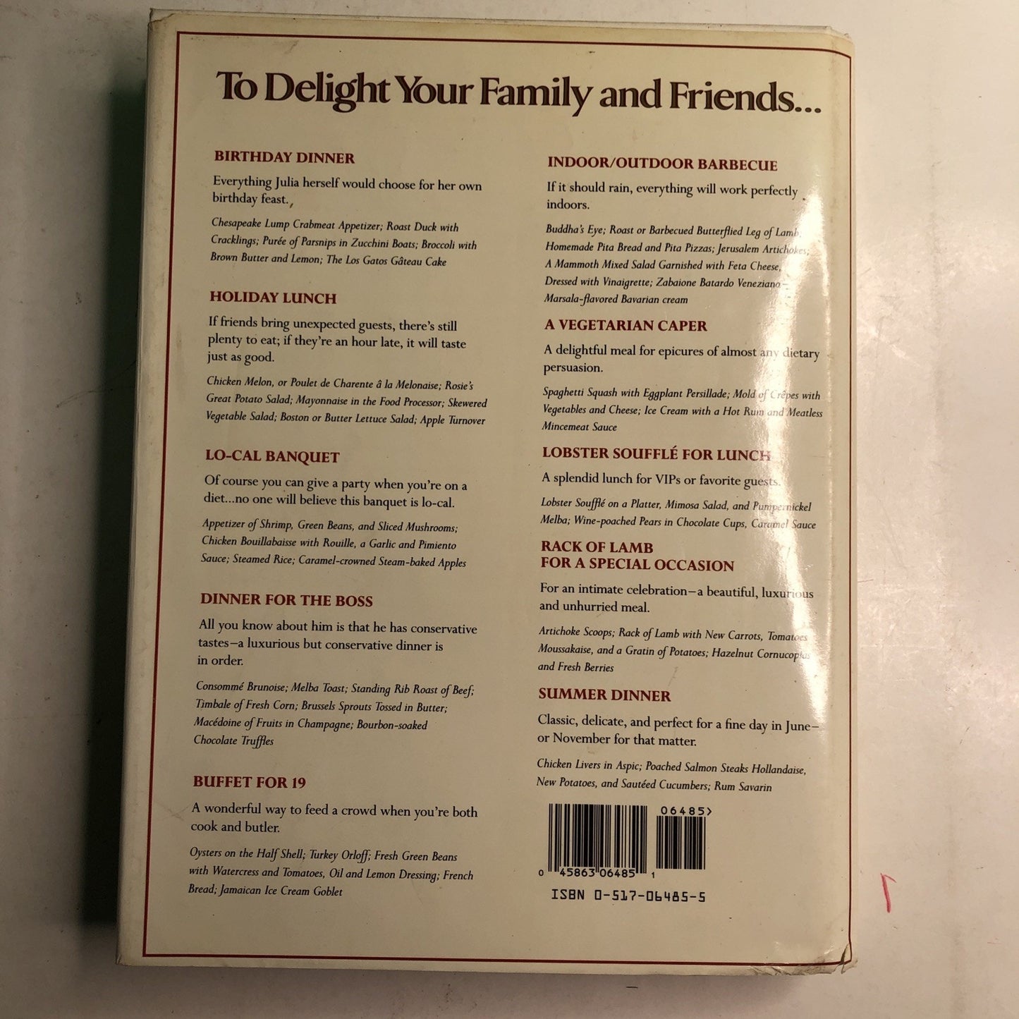 Julia Child's Menu Cookbook 1991 Wings HC DJ Menus For Every Occasion