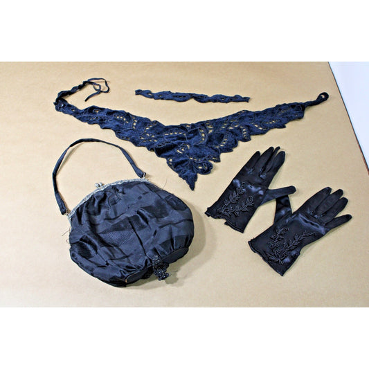 Victorian Silk Reticule Bag w/ Lace Collar & Beaded Gloves, Mourning, Formal