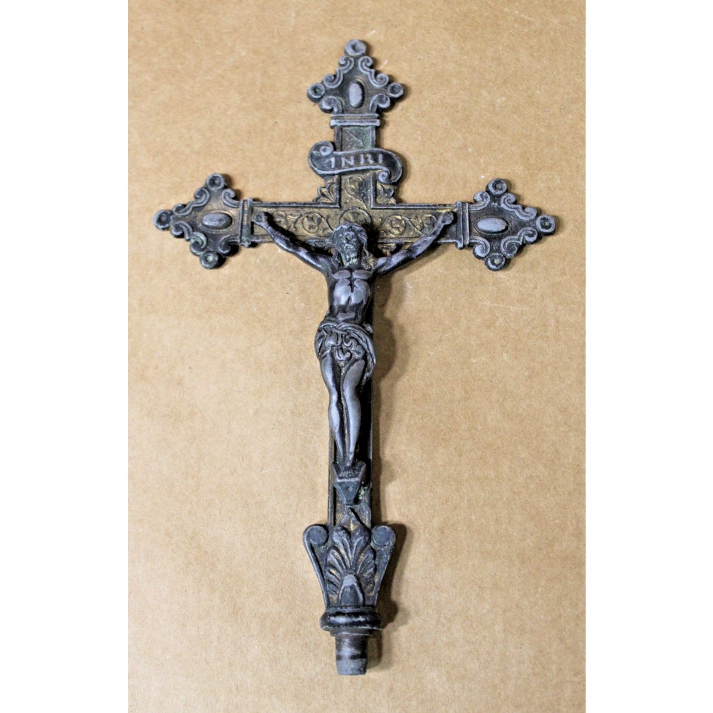 Antique Cast Iron/ Brass Crucifix, Intricately Detailed, 8.5" H Christ on Cross
