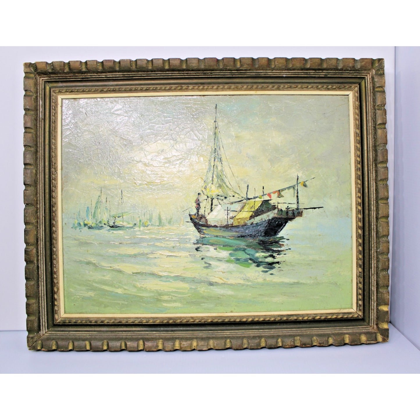 Impressionist Oil on Canvas by Chung Kwo- Nautical , Impasto, Craquelure, Framed