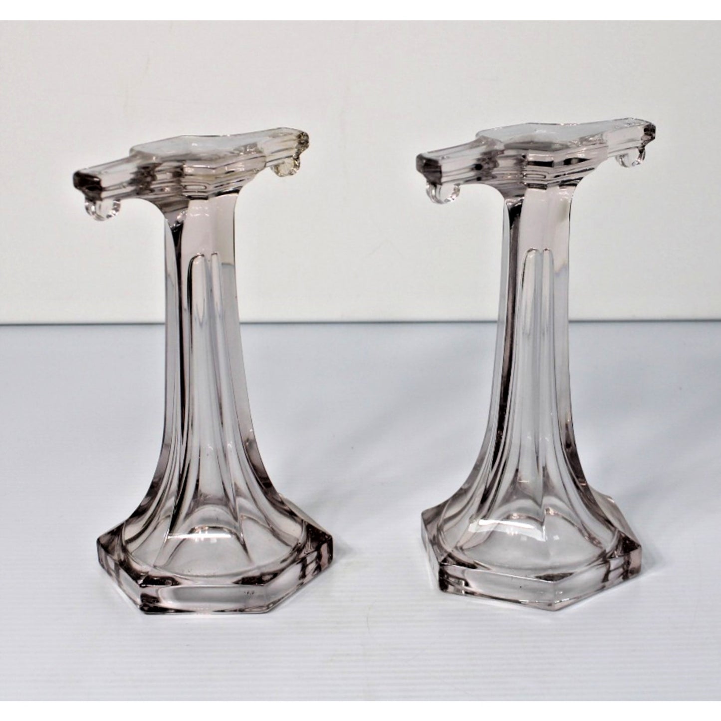 Antique Clear Glass Shelf Risers, Pedestals, Store Display Columns Pair 9"H