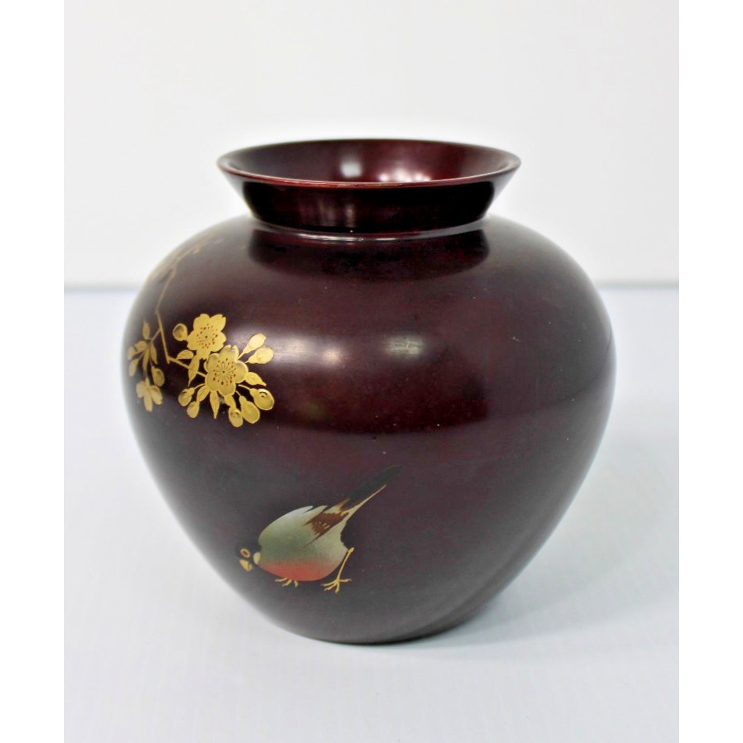 Vintage Japanese Bronzed Pottery Vase, Gilt Robin/ Bird Cherry Blossom Branch