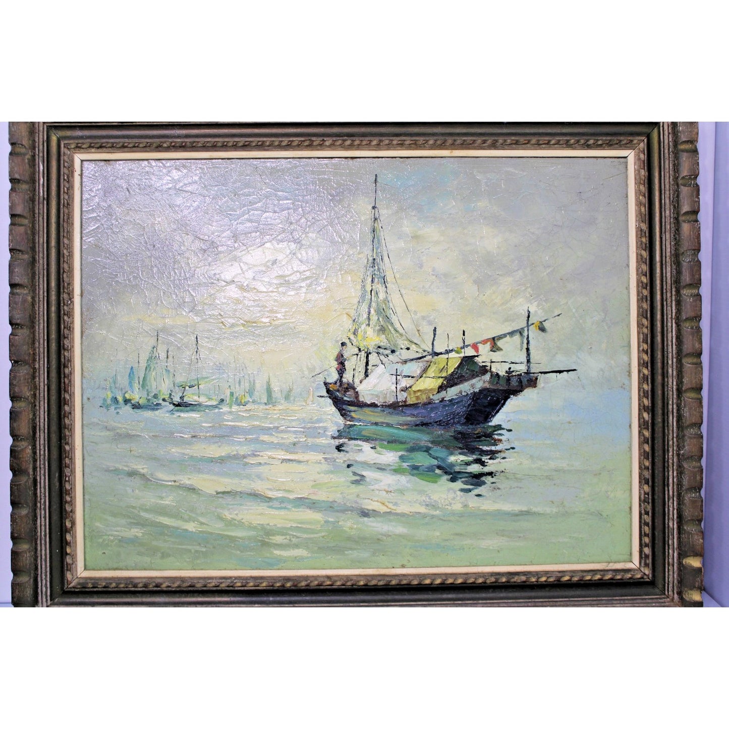 Impressionist Oil on Canvas by Chung Kwo- Nautical , Impasto, Craquelure, Framed