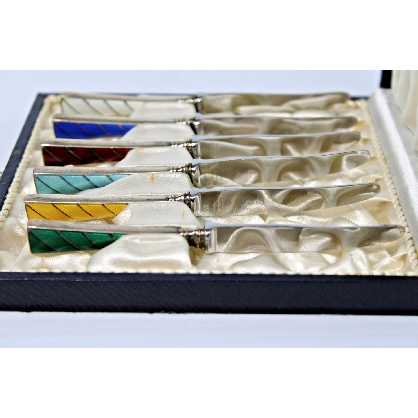Sterling Silver Enamel Knives, Raadvad Denmark Boxed Set of 6 Art Deco Fruit Set
