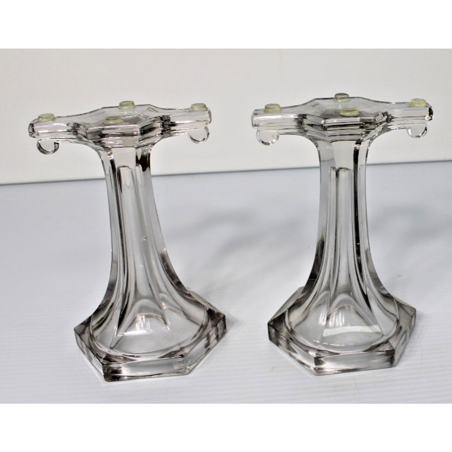 Antique Clear Glass Shelf Risers, Pedestals, Store Display Columns Pair 7-1/4"H