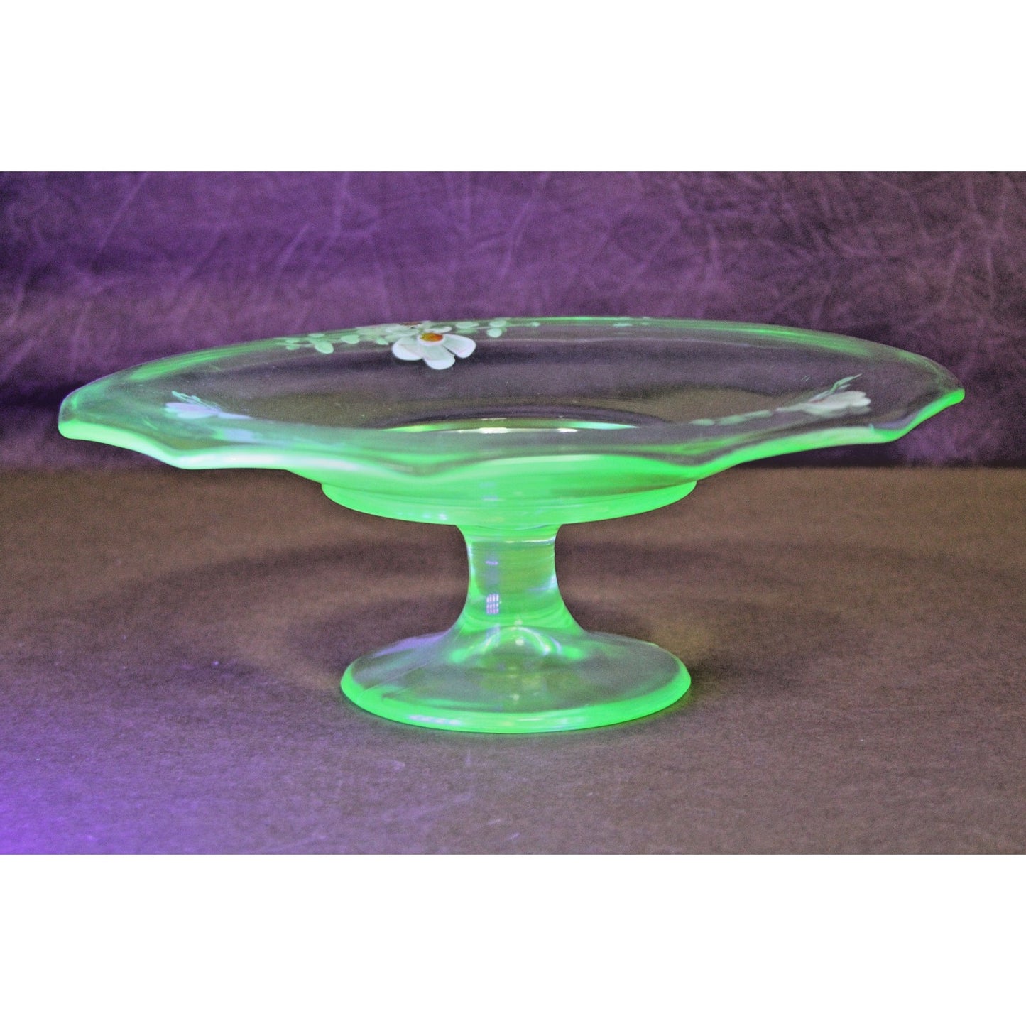Vtg Bohemian Green Uranium Footed Wide Compote Dish Hand Painted Floral Design
