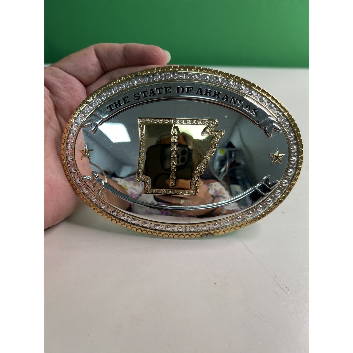 State of Arkansas Silver/Gold Tone Belt Buckle With Rhinestones Large 6” Wide
