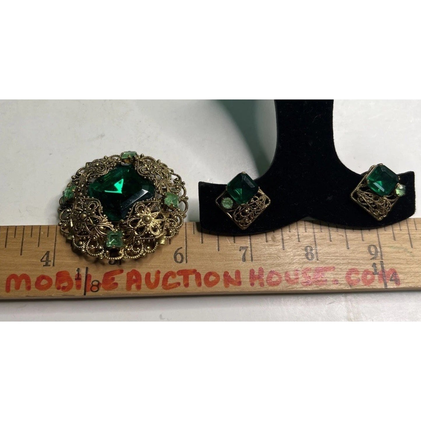 Vintage Czech Green Glass Filigree Signature Brooch & Clip On Earrings Set 1930s
