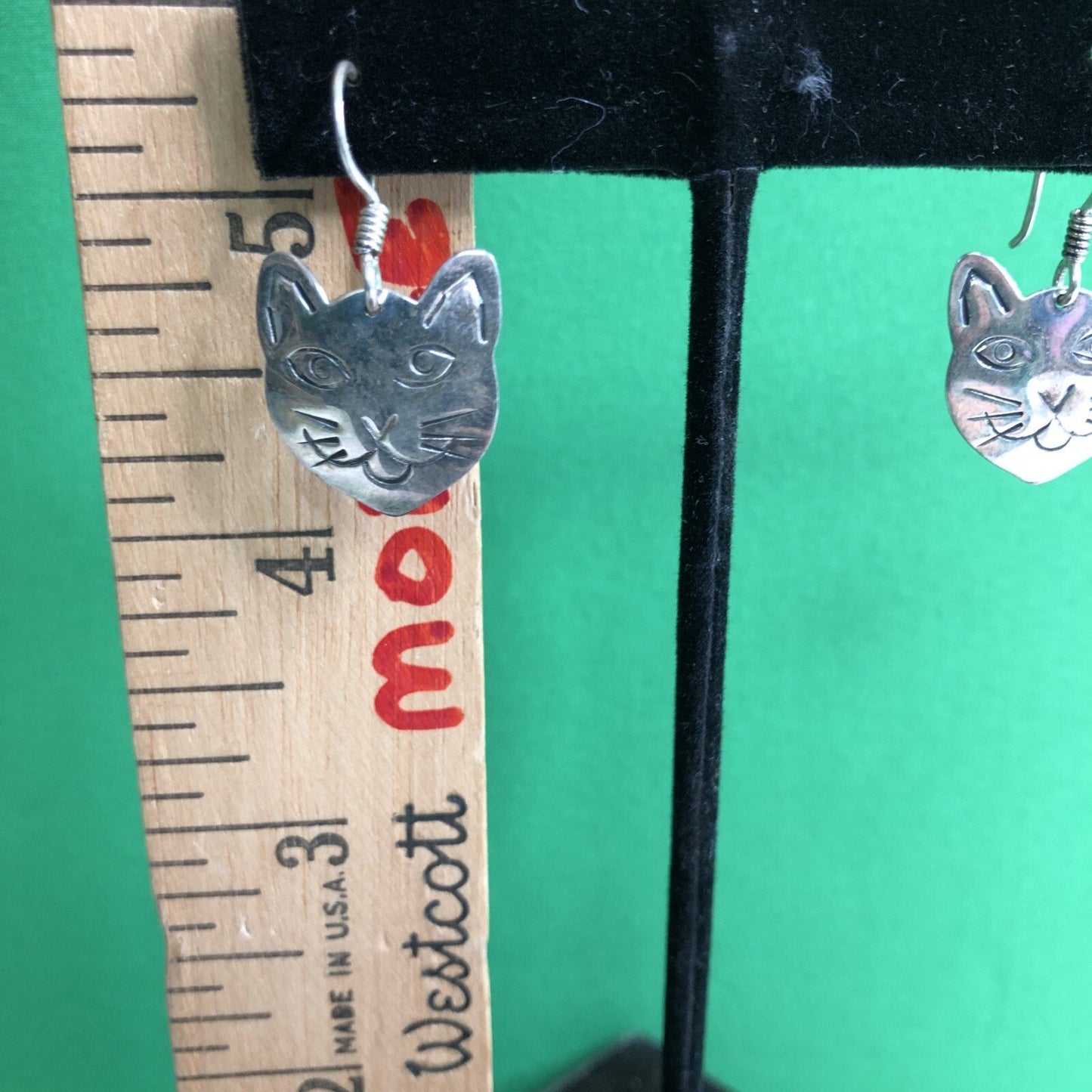Vtg Mexican .925 Silver CAT Kitty Kitten Face Earrings Stamped Pierced Hook Wire