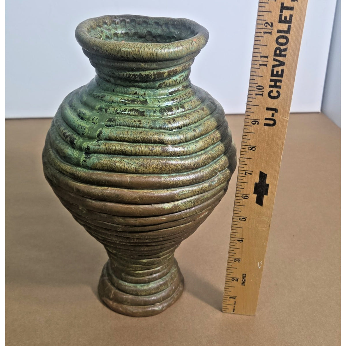 Vintage JDH Brutalist Hand-Coiled Studio Art Pottery Vase – Green & Bronze Drip