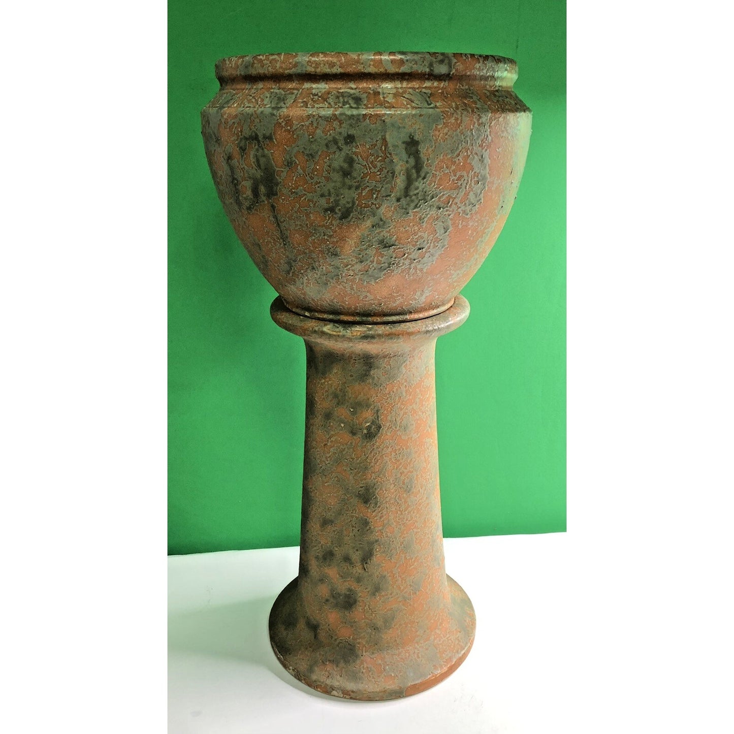 Vintage Burley Winter Large Jardiniere With Pedestal Mottled Orange & Green