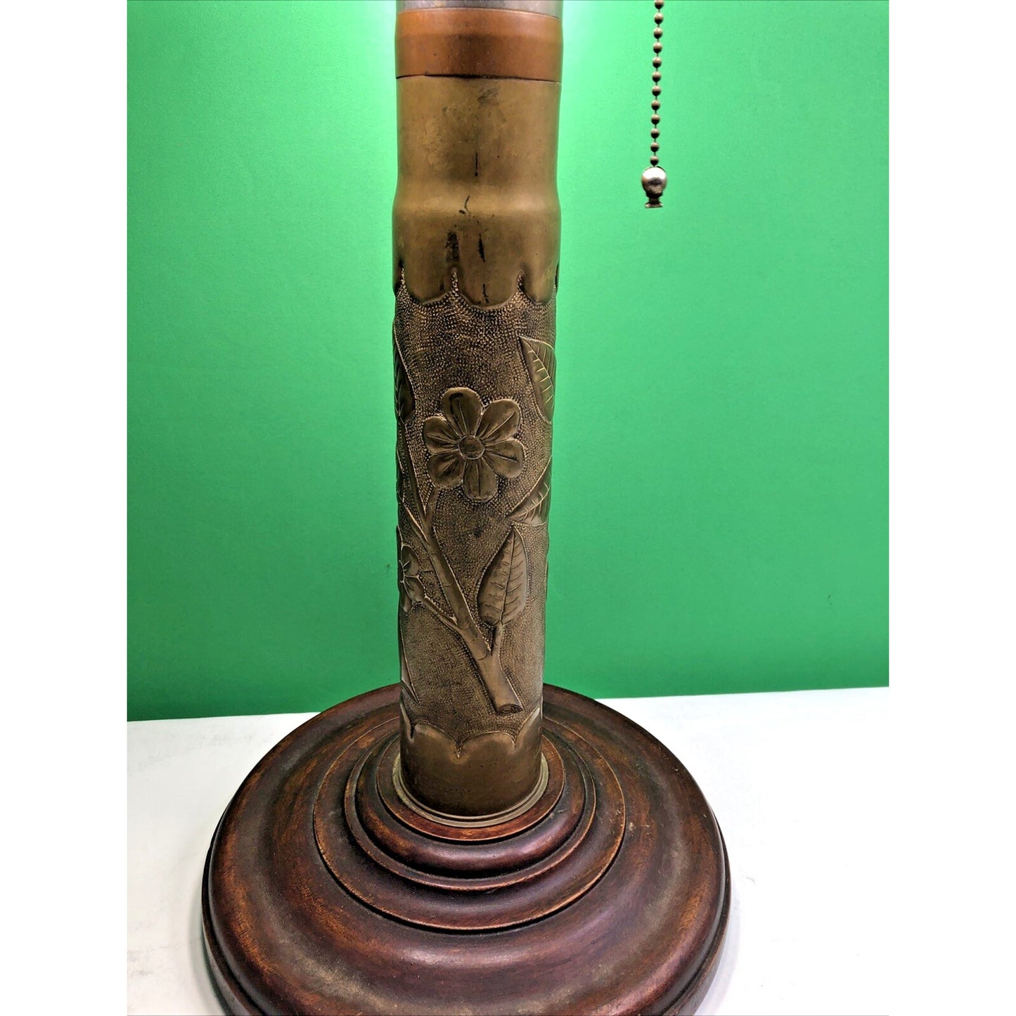 Trench Art Etched Artillery Shell Table Lamp, 3 Light, Wood Base 23” H - Works