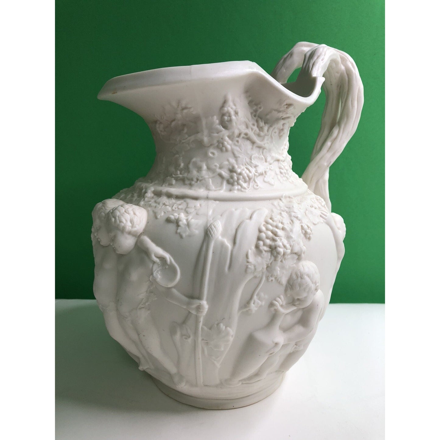 Antique Copeland Parian Ware Pitcher Jug Putti Relief Motif With Grapes Cherubs