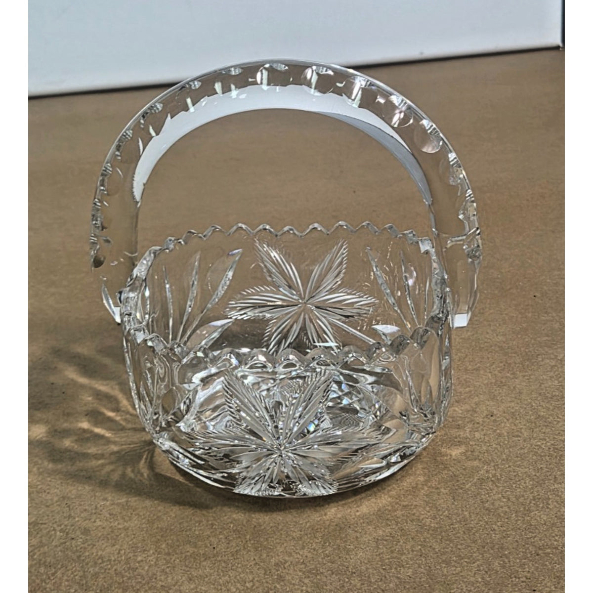 Vintage Hand-Cut Lead Crystal Basket - Bohemian Pinwheel & Leaf Star - 6 Inch