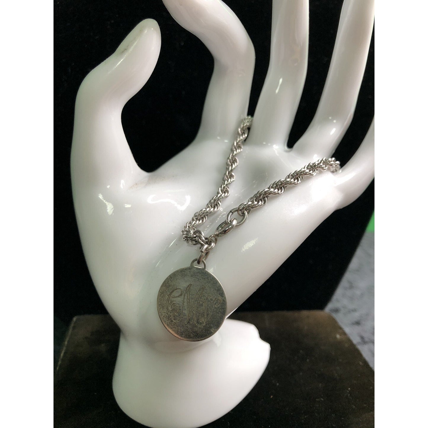 Vintage Sterling Rope Chain Bracelet 7 Inch With Monogrammed Stainless Disc CMV