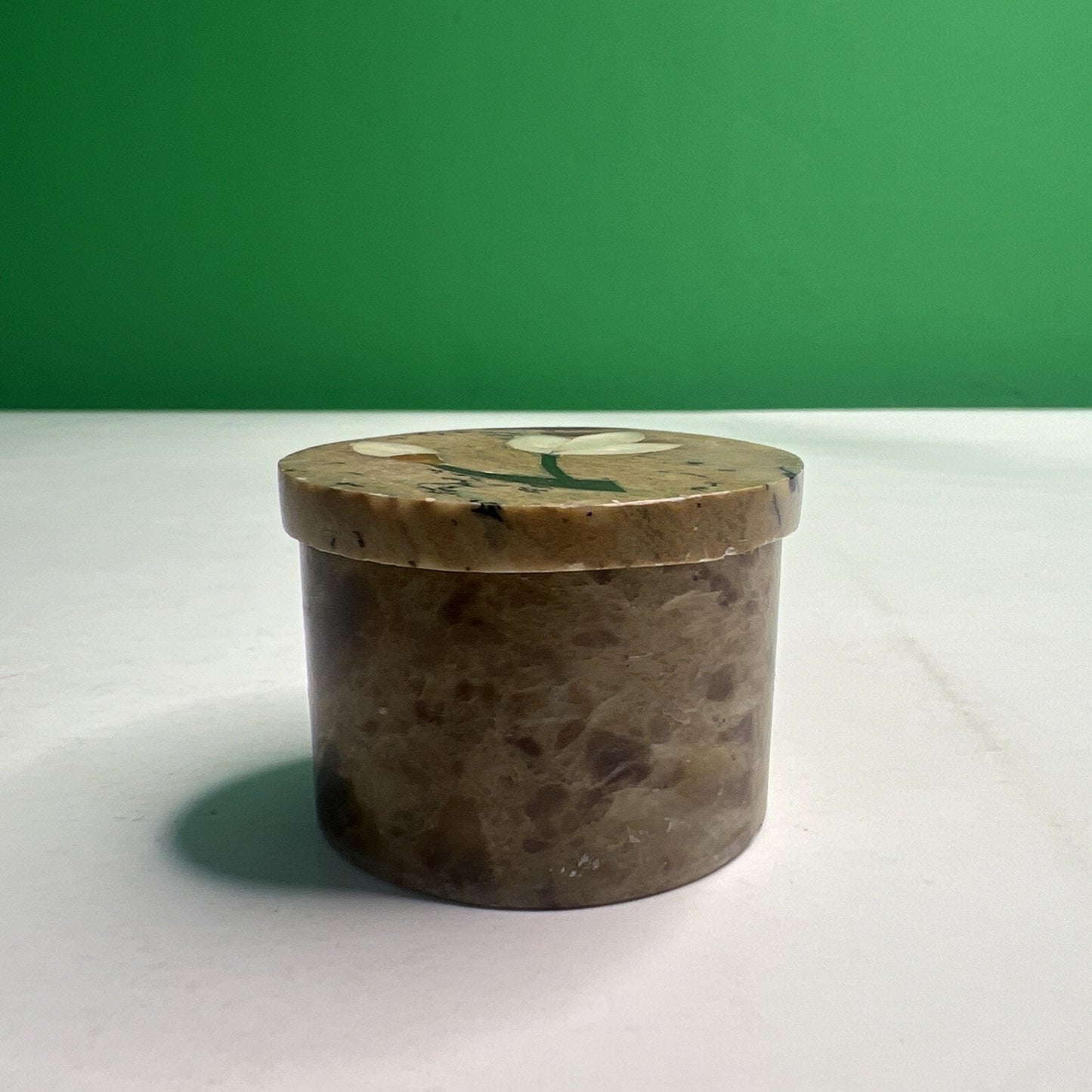 Carved Soapstone Small Inlaid Round Box Trinket Vanity Natural Stone with Lid