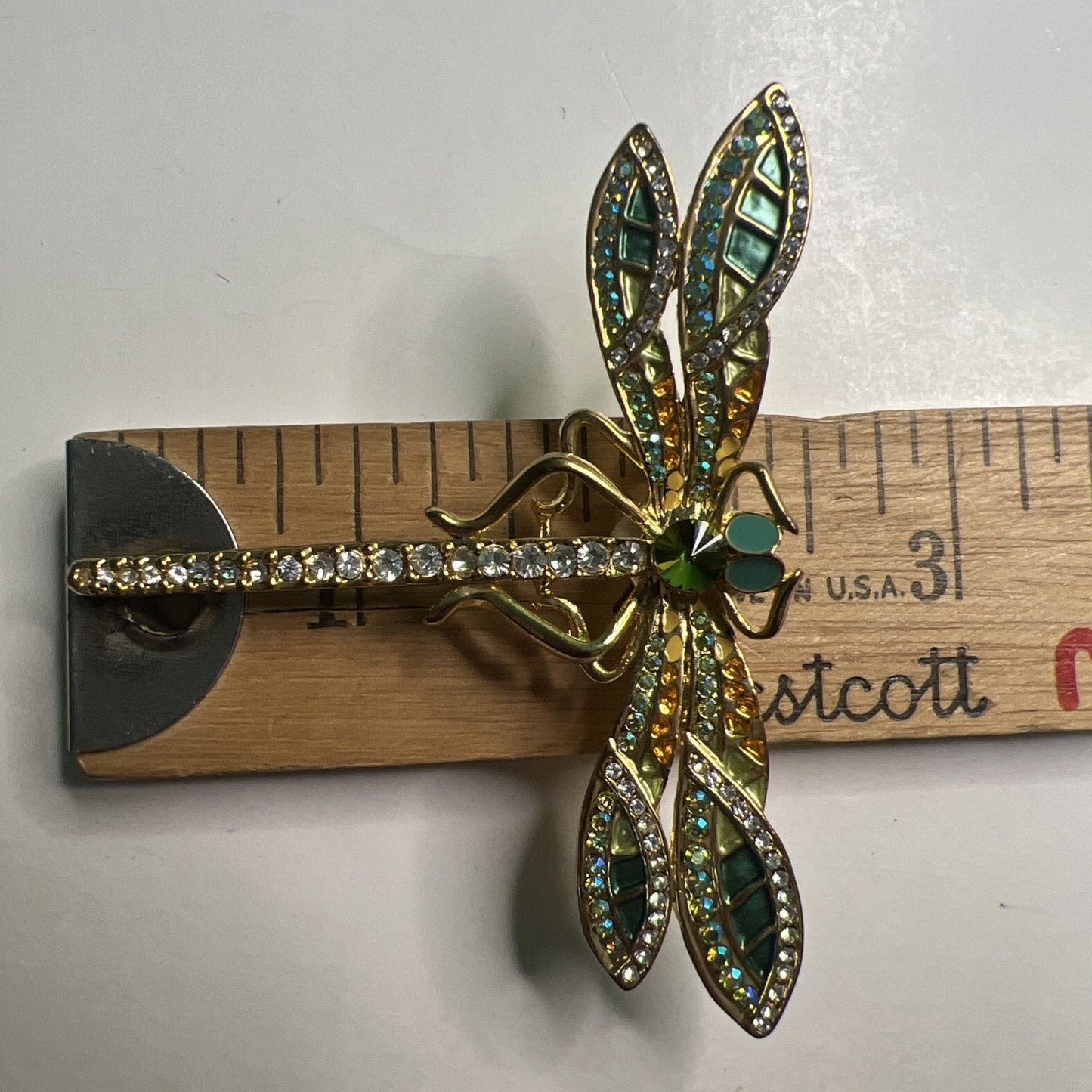 Vintage Dragonfly Brooch Pin Green & Blue Rhinestone Enamel 2.5” Long x 3” Wide