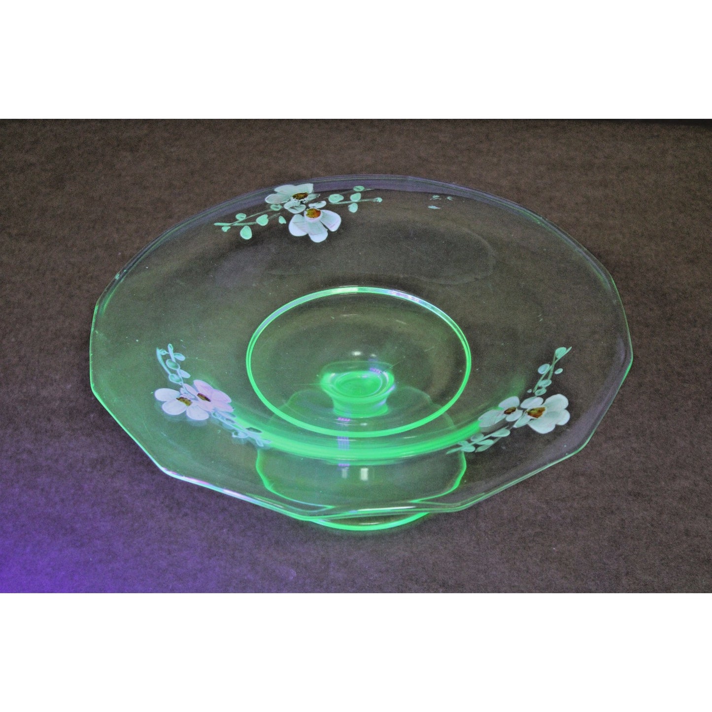 Vtg Bohemian Green Uranium Footed Wide Compote Dish Hand Painted Floral Design