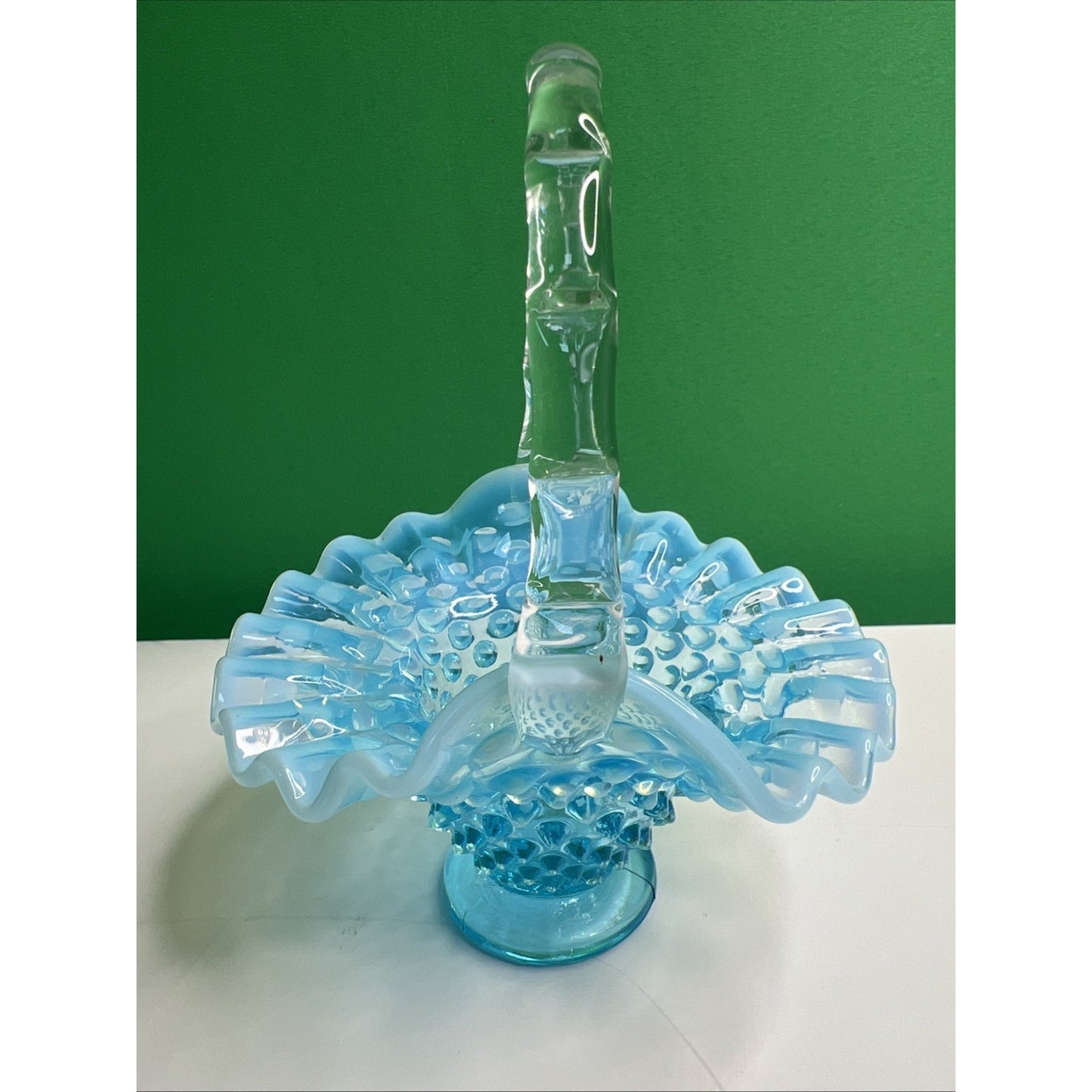 Vintage Fenton Blue Opalescent Hobnail Basket Ruffled Glass with Handle 6” Tall