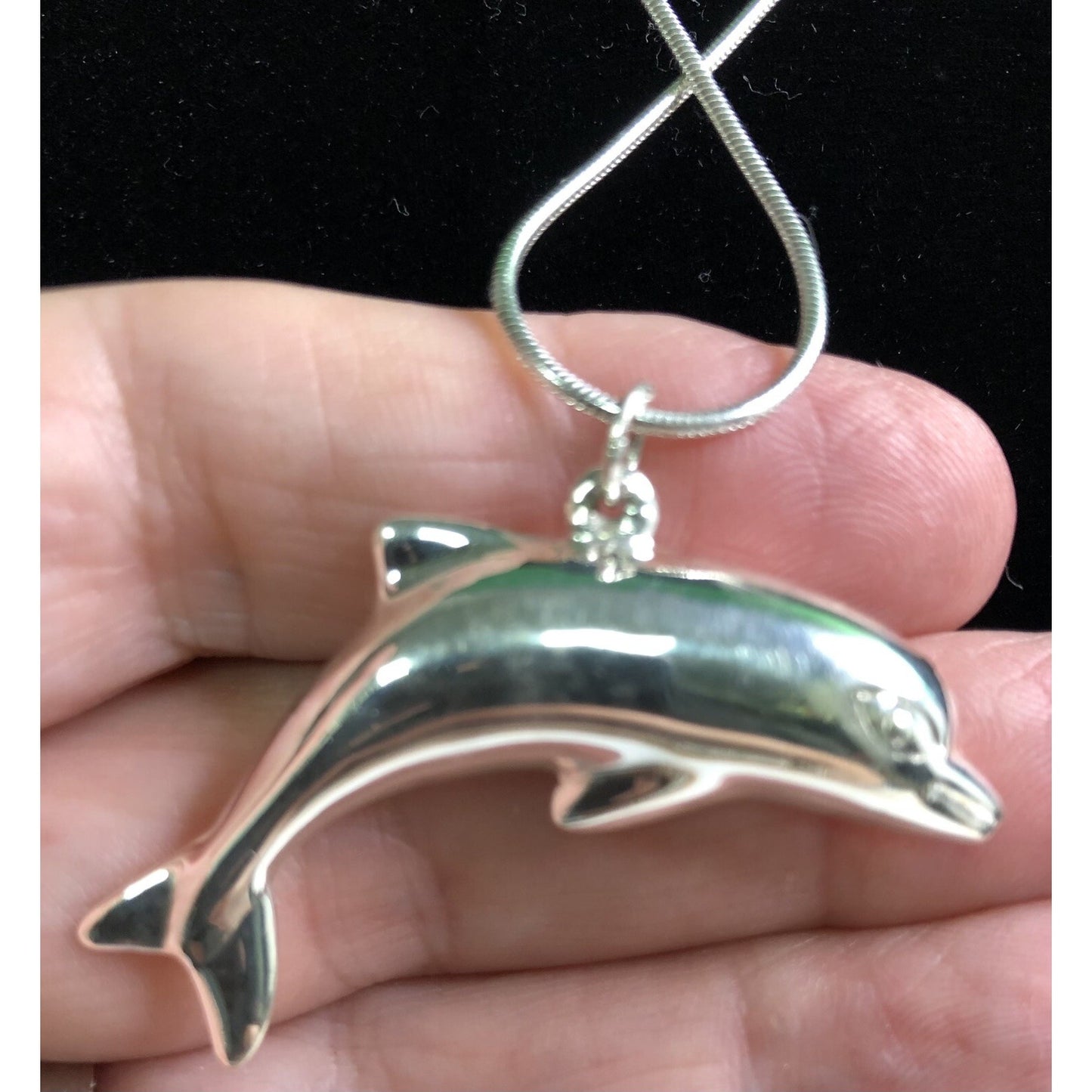 Sterling Silver 24” Snake Chain Large Dolphin Pendant & Hook Earrings Set