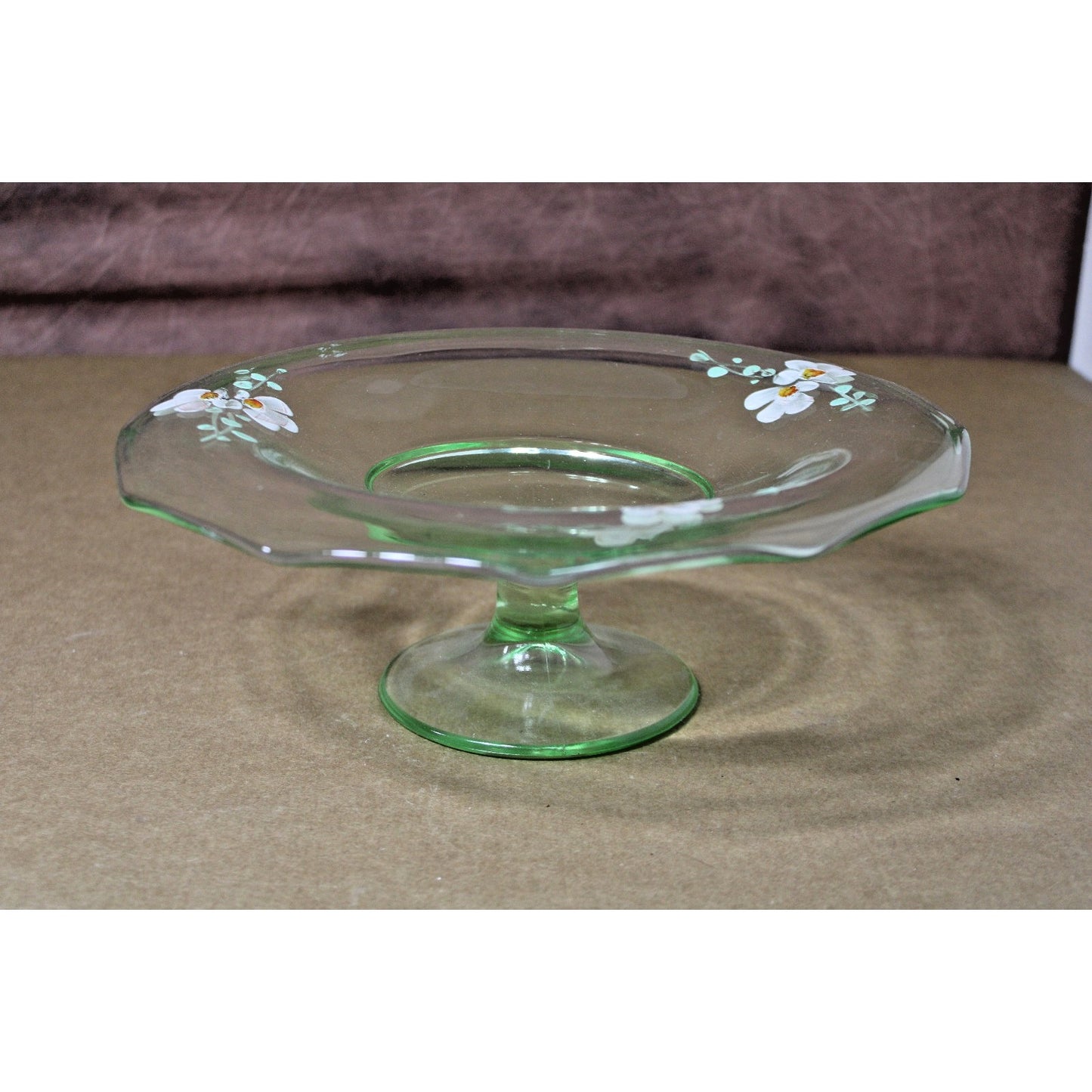 Vtg Bohemian Green Uranium Footed Wide Compote Dish Hand Painted Floral Design