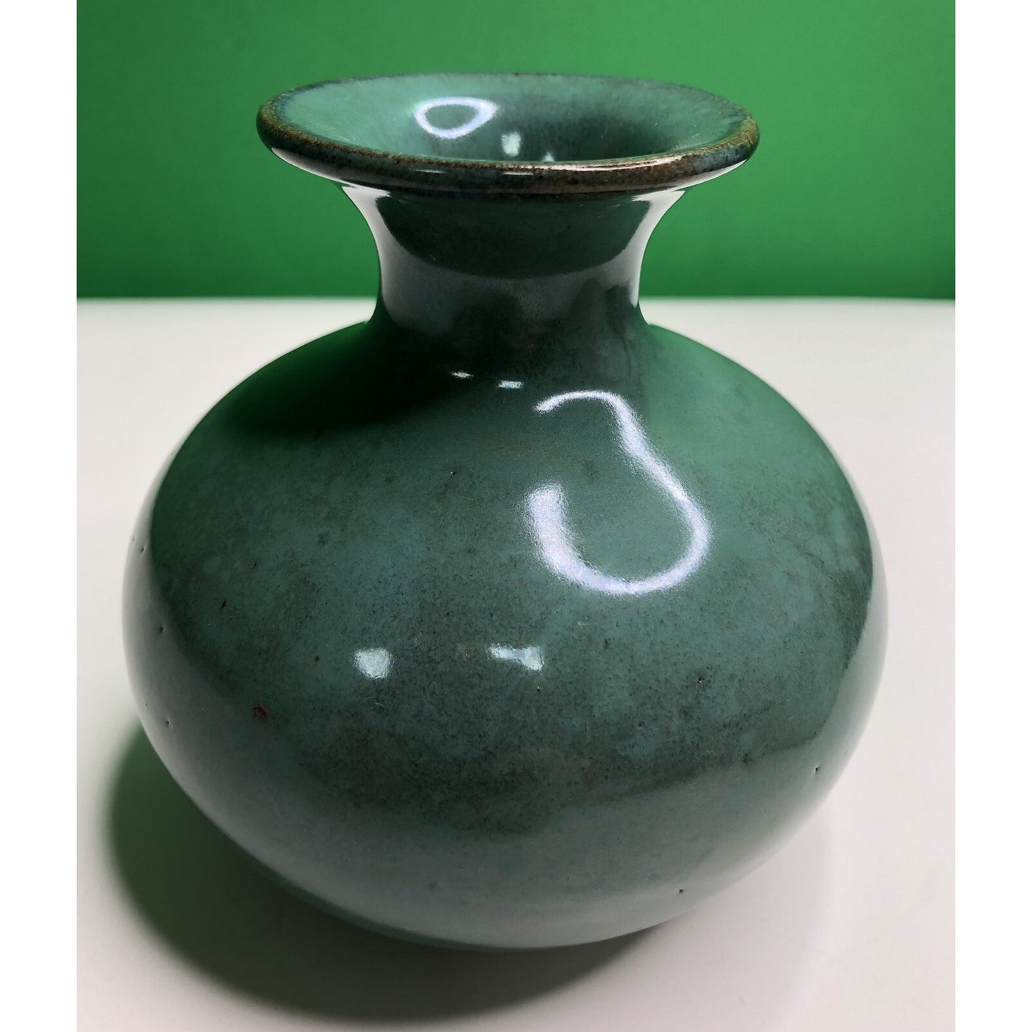 Vintage W. J. GORDY Pottery VASE Hand Made Thrown Green Glaze Verdi Gris Clay