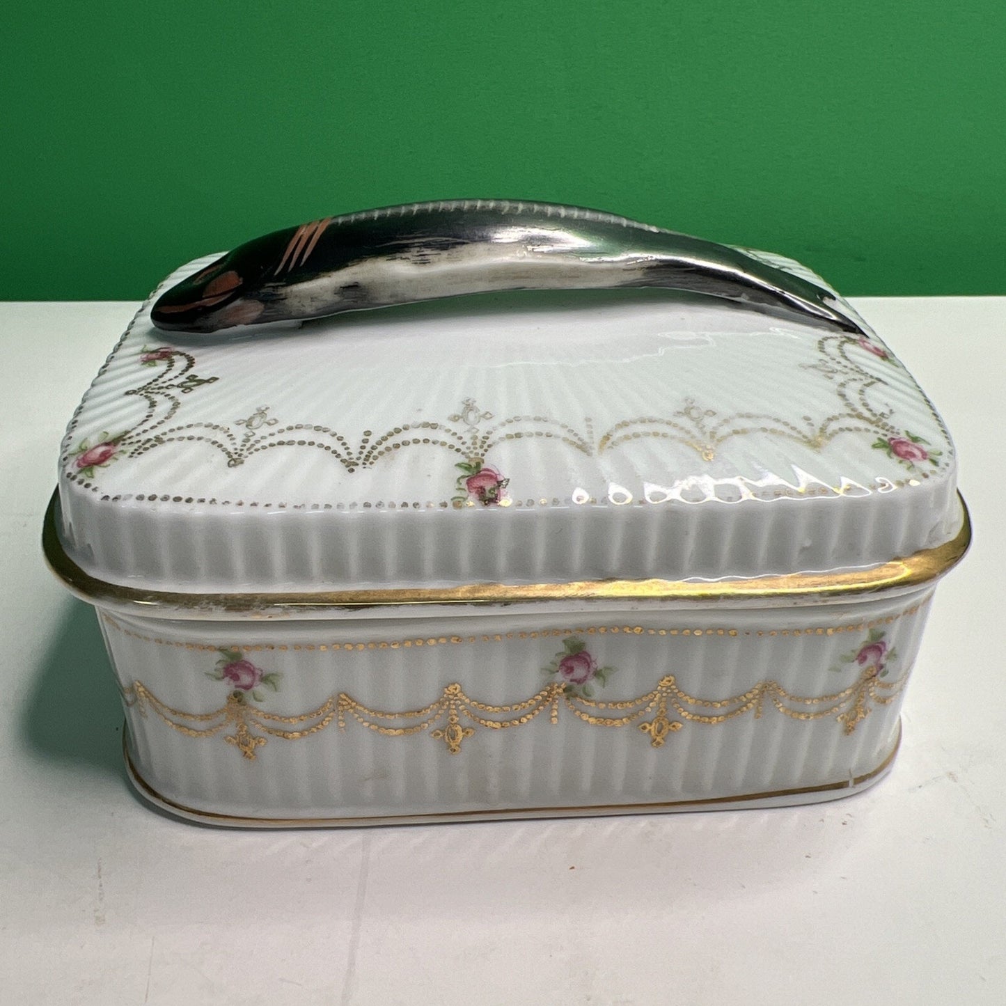 Antique Victoria Austria Covered Sardines China Dish 5” x 4” Figural Fish Handle