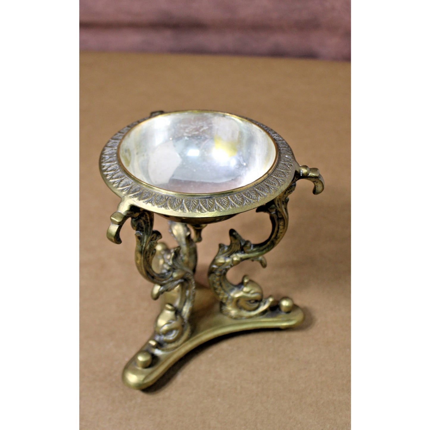 French Empire 9.5-Inch Tall Brass Lidded Bowl on Dolphin Pedestal, Gorgeous!