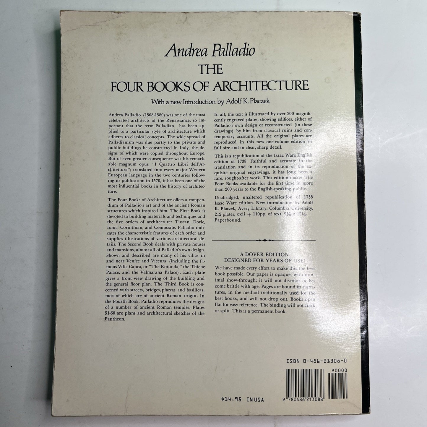 Andrea Palladio THE FOUR BOOKS OF ARCHITECTURE 1965 Dover PB Illustrated