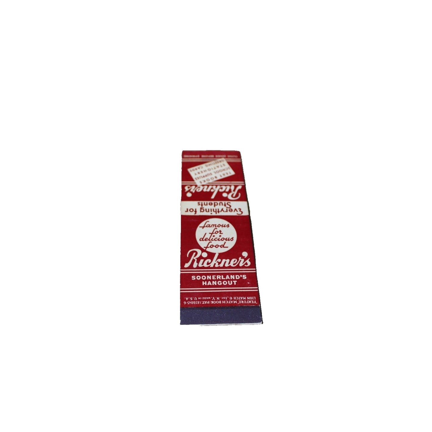 Vintage Mid Century Advertising Matchbook Rickner's Bookstore University of OK