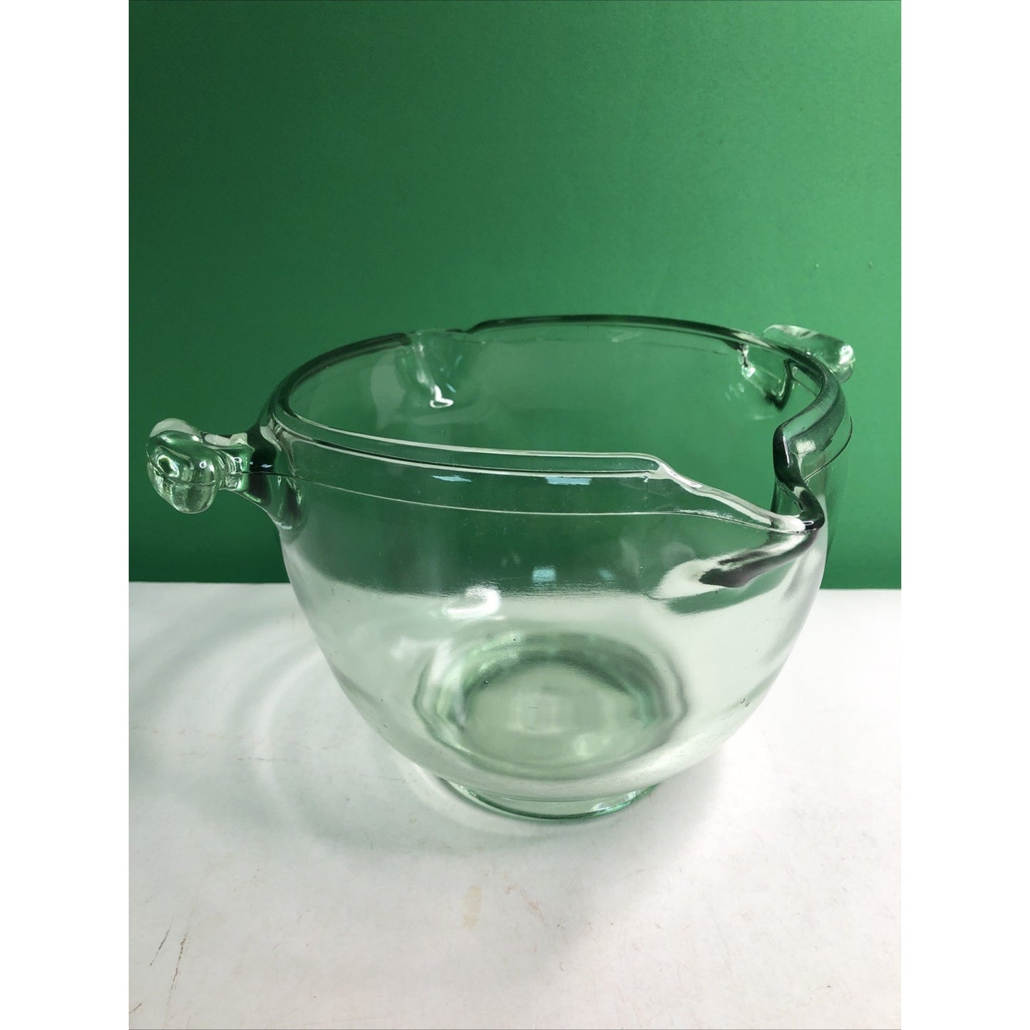 Vintage TUFGLAS Large Mixing Bowl Uranium Glass Double Spout Handled Depression
