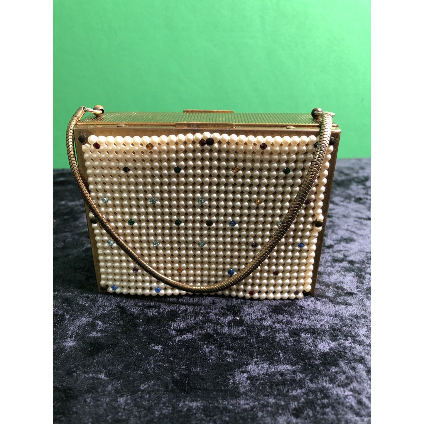 Vintage Minaudiere Metal Box Purse W/ Powder Lipstick Comb Mirror Evening Bag