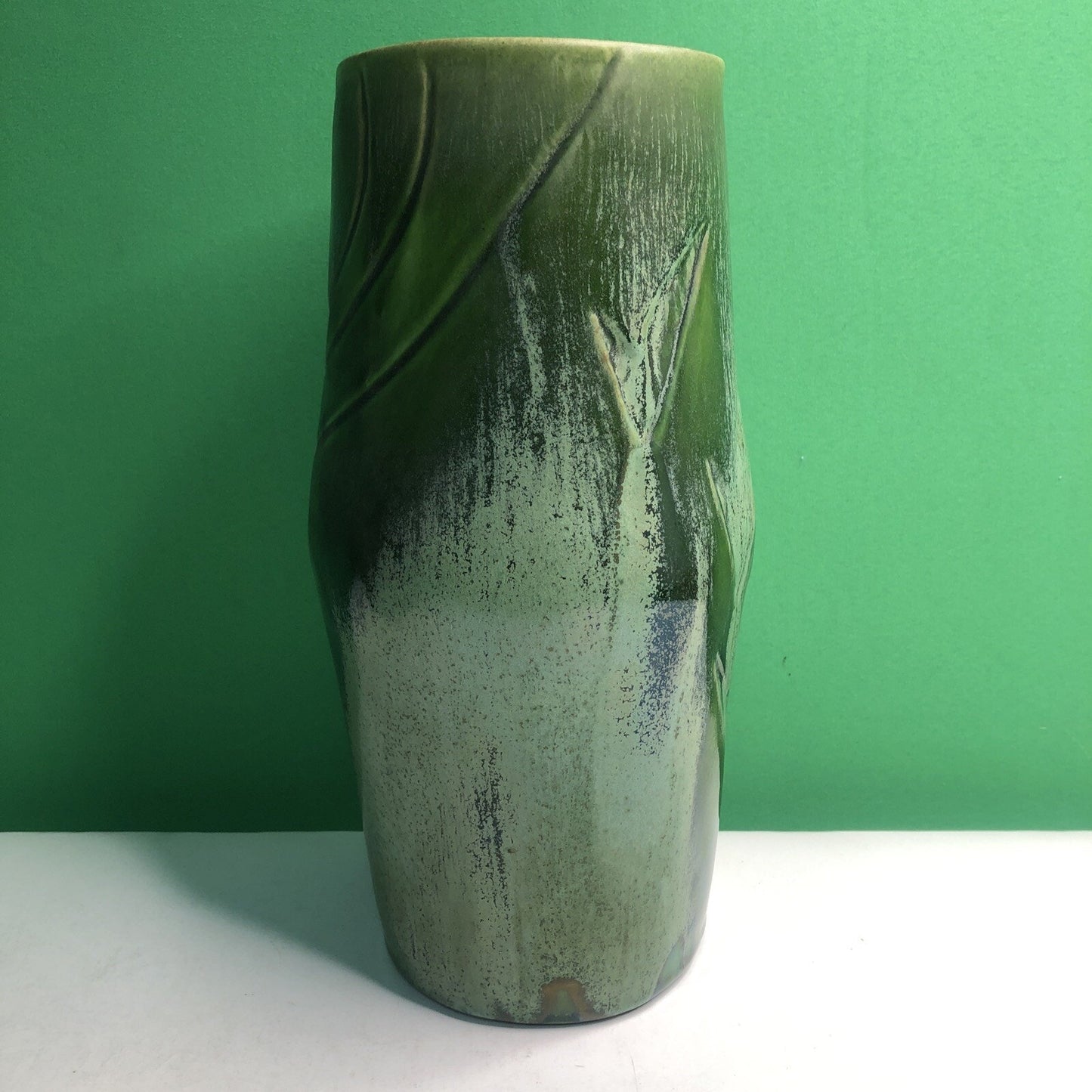Vintage California Pottery Vase by Artist Hazel Hutchins Green Leaf/Plant Motif