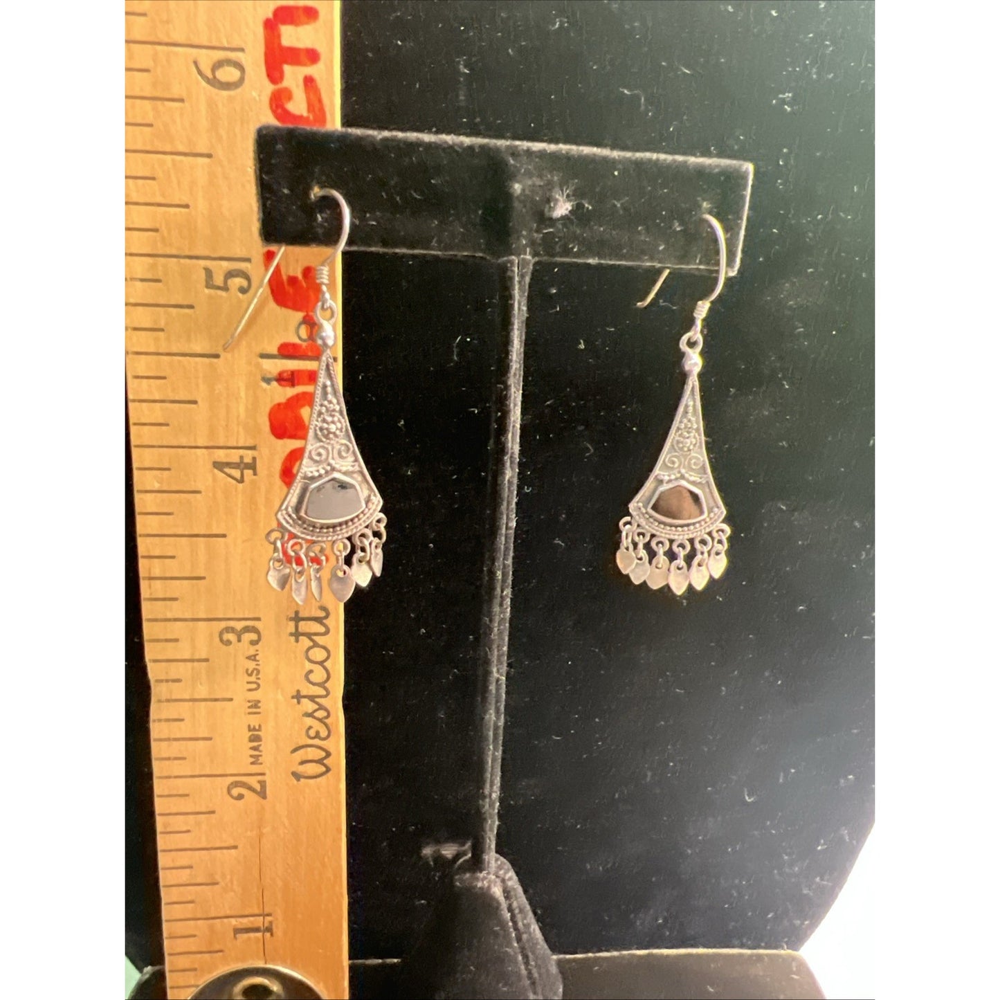 AUTHENTIC Marked 925 STERLING SILVER & ONYX UNIQUE EARRINGS French Wire