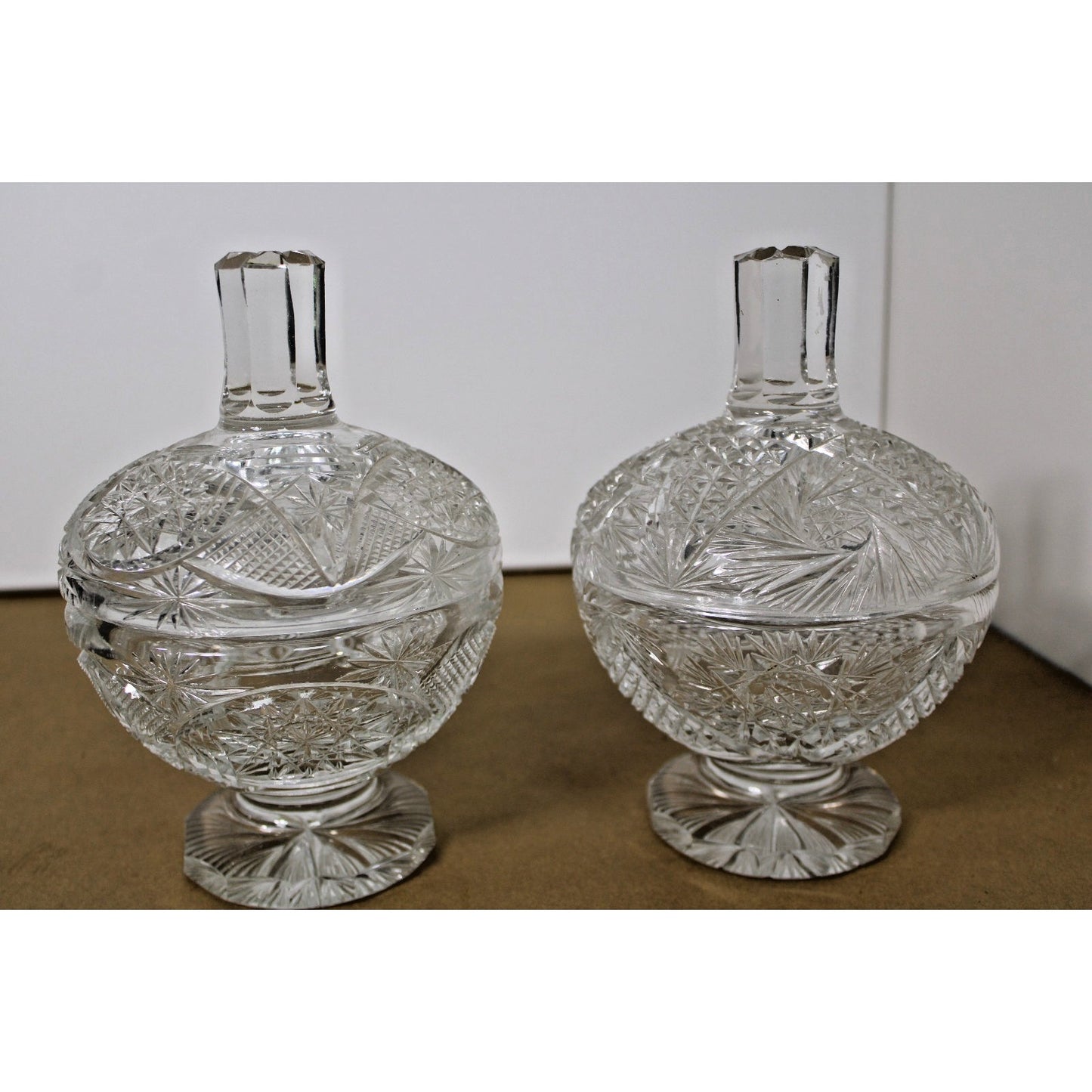 Two Heavy Vintage Bohemian Lead Crystal Dishes with Lids 9"h Brilliant Starburst