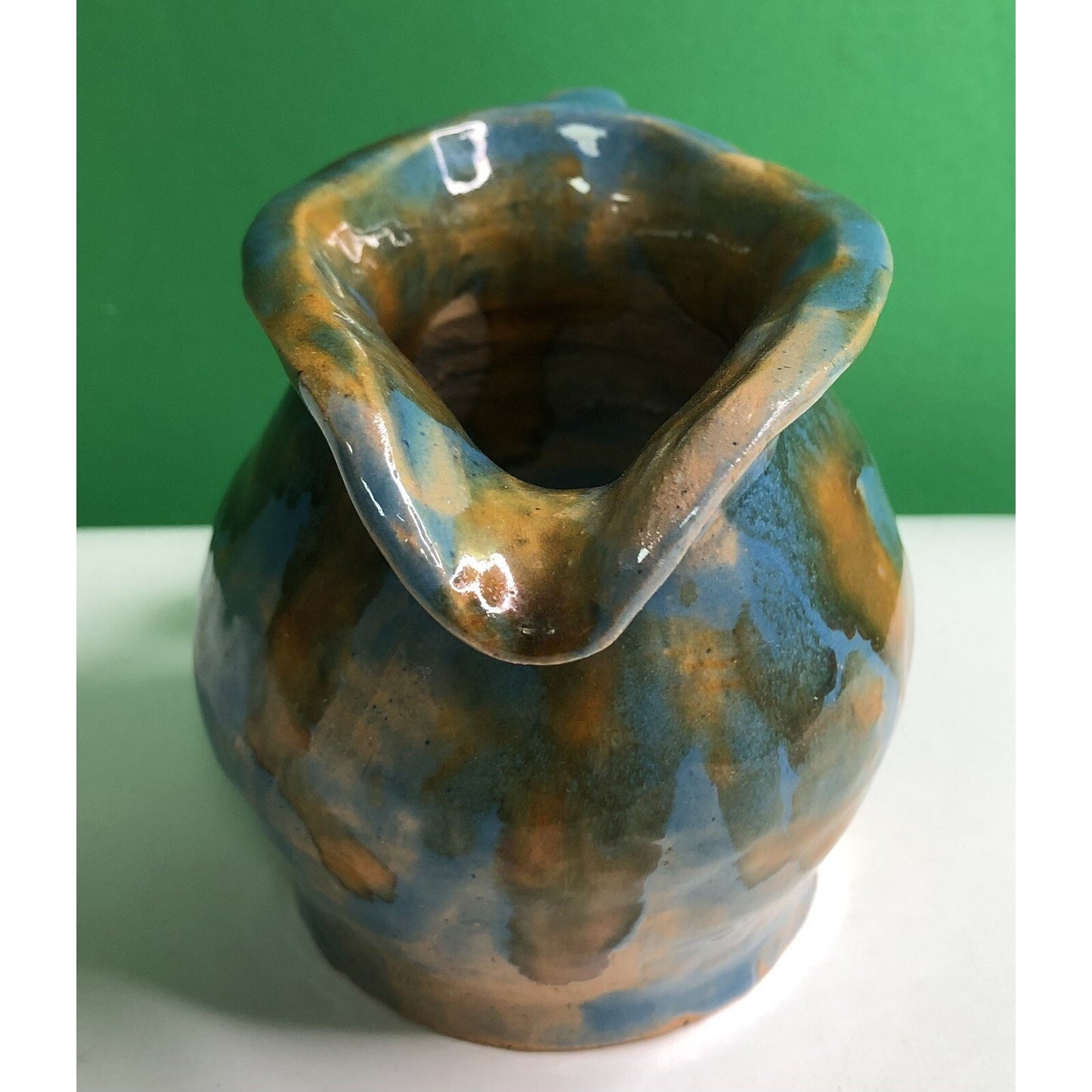1940 Fairhope AL Art Pottery Pitcher Creamer By Georgia Drip Glaze Blue Orange